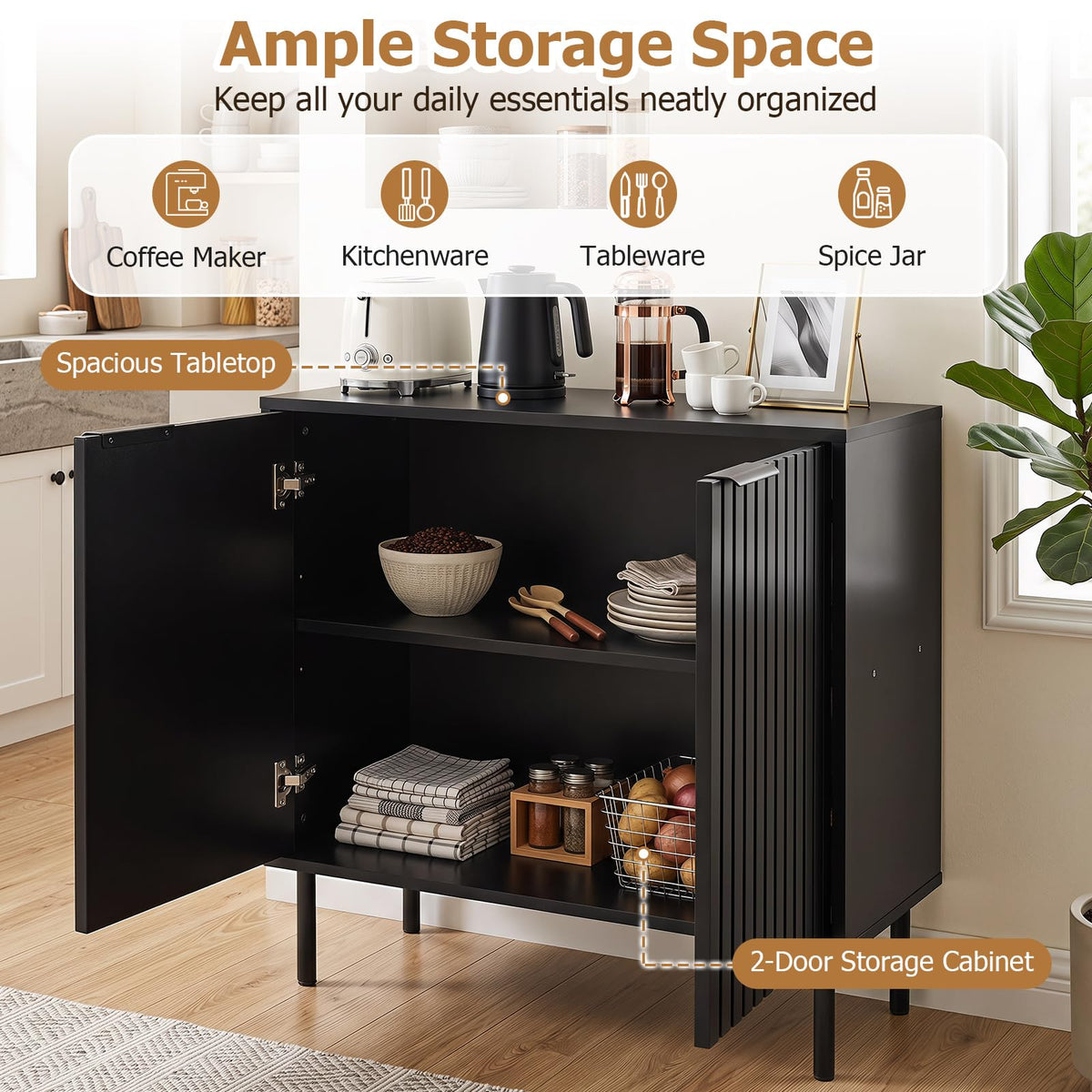 GIANTEX Fluted Buffet Cabinet, 2-Door Sideboard w/Storage (Black)