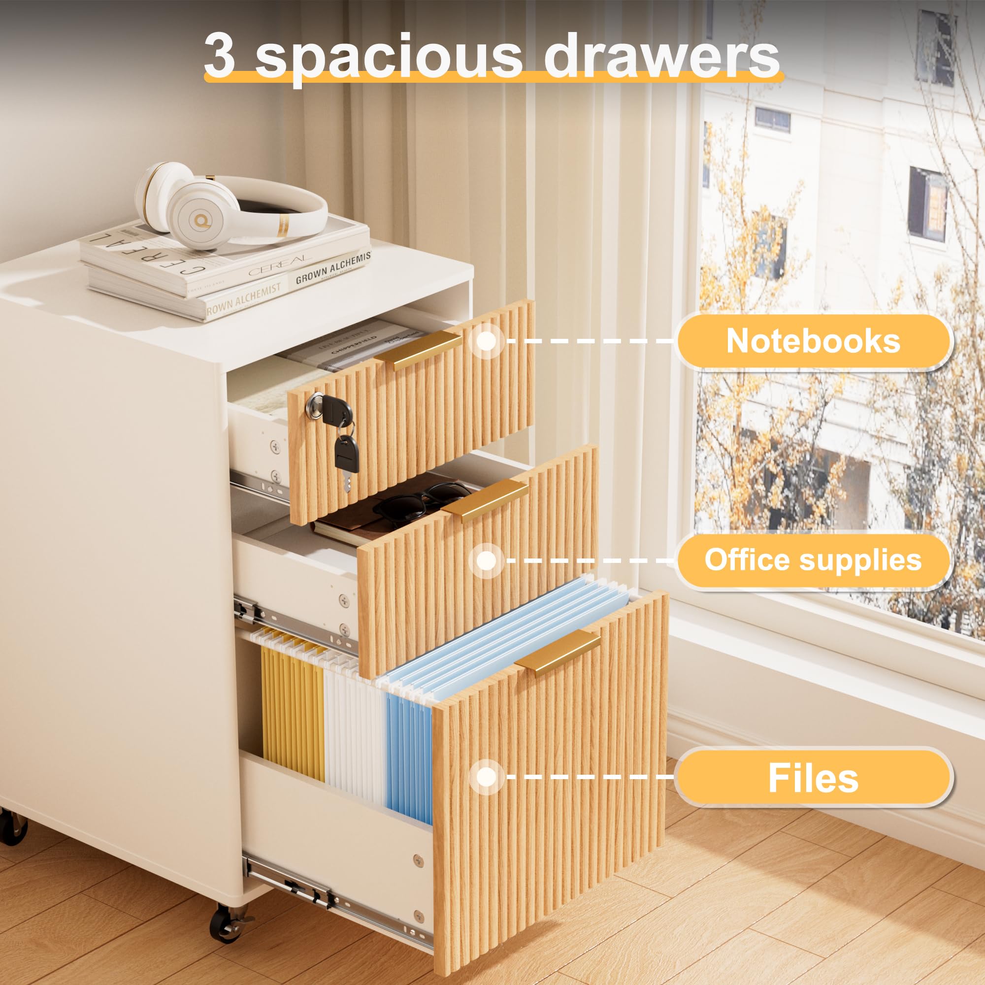 3-Drawer Locking Mobile File Cabinet with Wheels