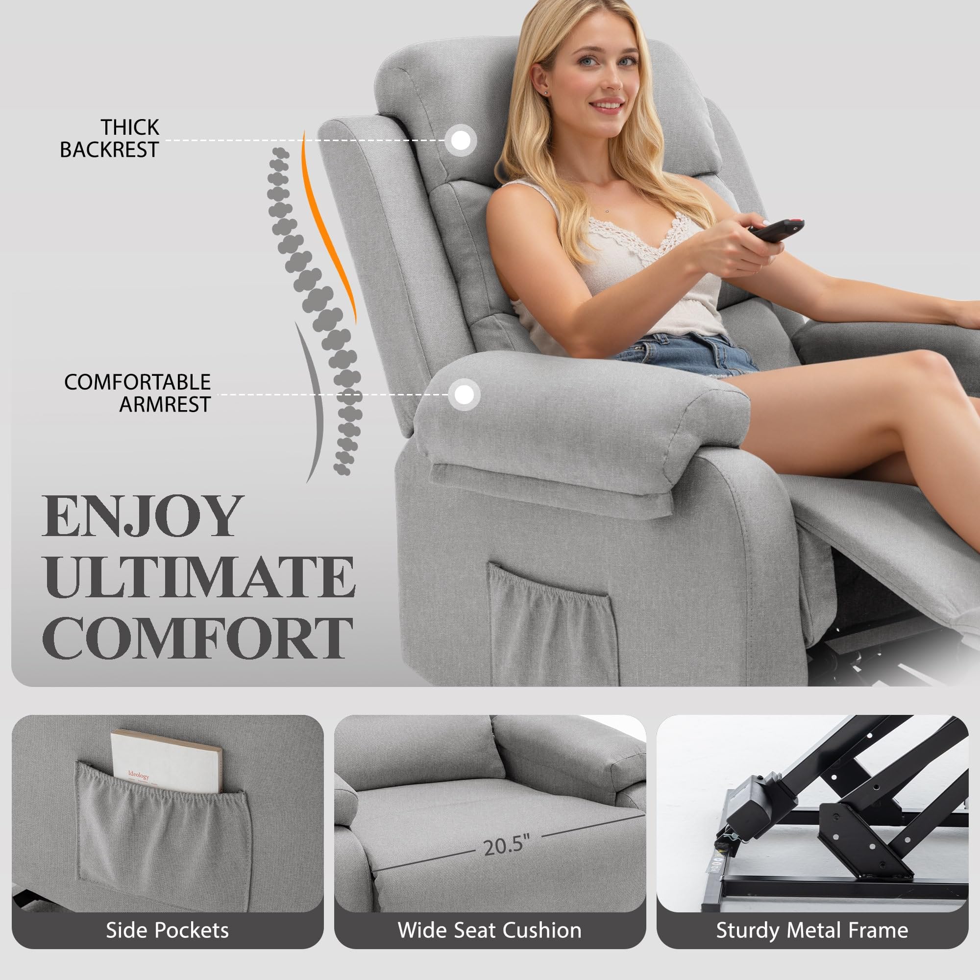 Korser Power Lift Recliner Chair for Elderly, Electric Lift Chair for Adults, Small Recliner with Side Pockets for Living Room Reading Room, Recliner Saves Your Favorite Position, Lightgrey