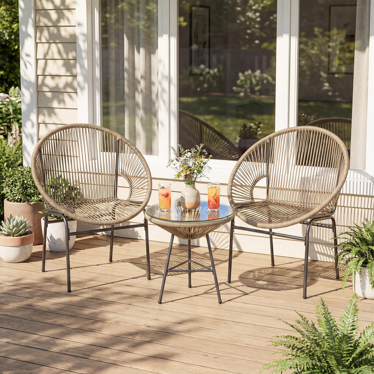 COSTWAY 3-Piece Outdoor Acapulco Chair Set, Wicker Bistro Sets (Brown)