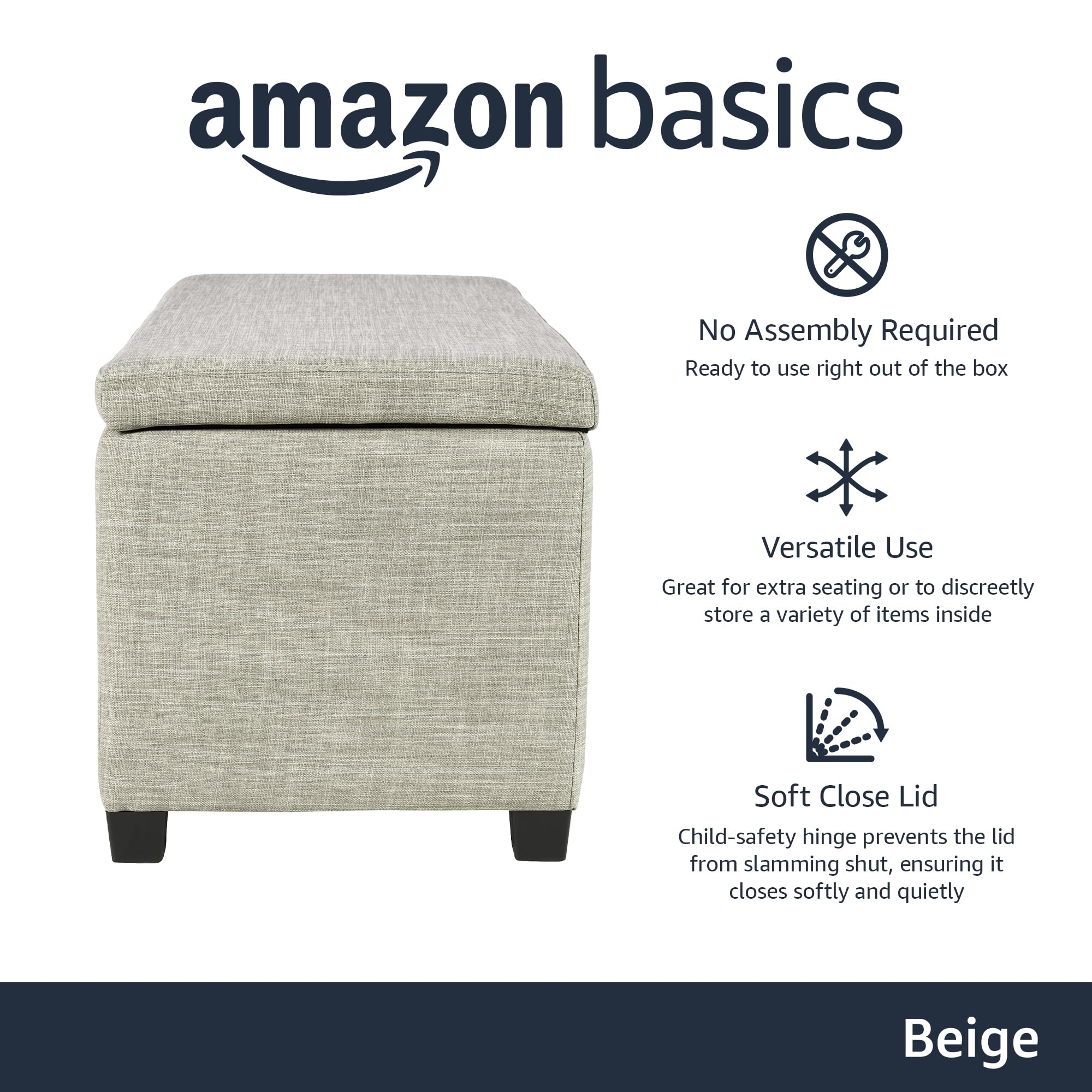 Amazon Basics Upholstered Storage Ottoman Bench with Soft Close Lid, Child-Safety Hinge, No Assembly Required, 35.5"W x 16.5"D x 17"H, Beige