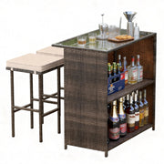 RELAX4FLIE 3-Piece Outdoor Bar Set - PE Rattan Wicker Bar Table and Stools with Removable Cushions, Tempered Glass Top & 2 Storage Shelves for Porch, Backyard, Garden, Poolside