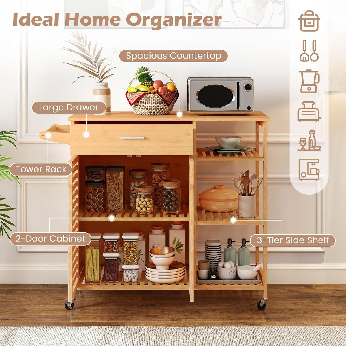 GLACER Bamboo Kitchen Island Cart with Storage, Rolling Kitchen Cart