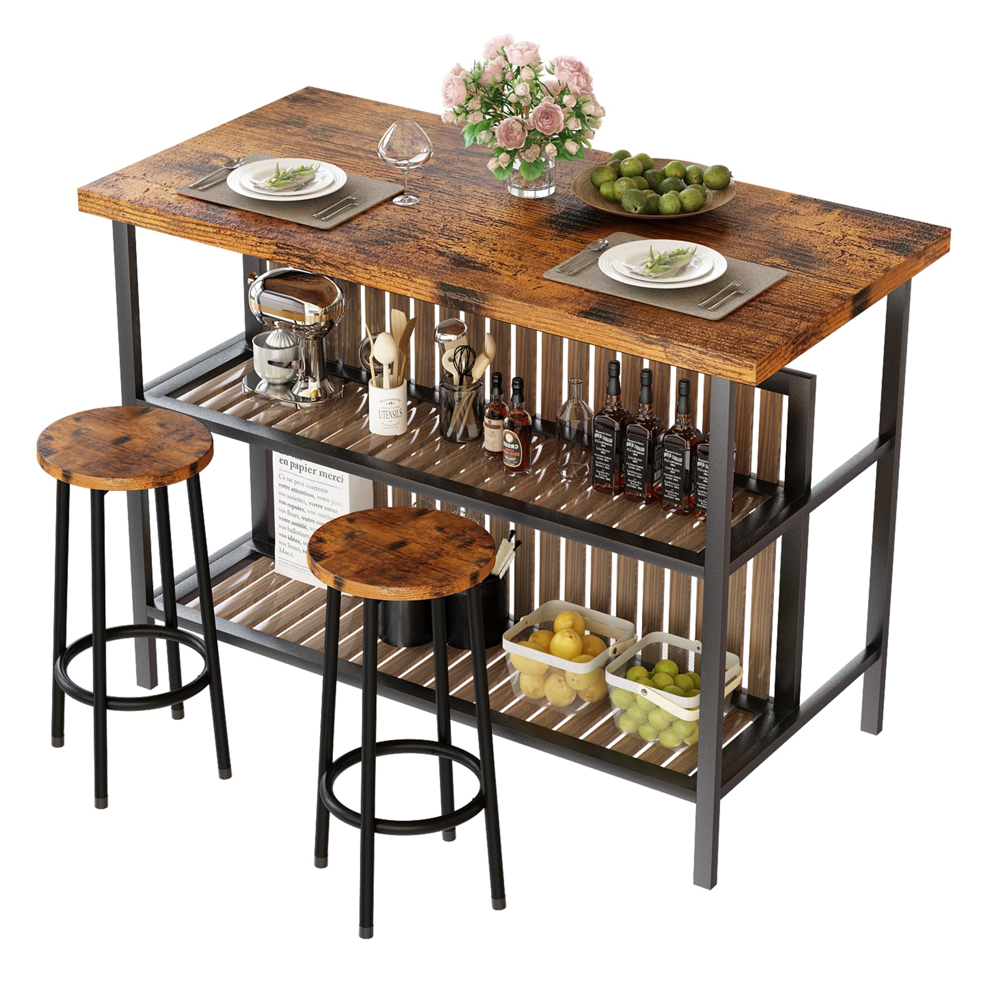 3-Piece Industrial Bar Table Set with Storage