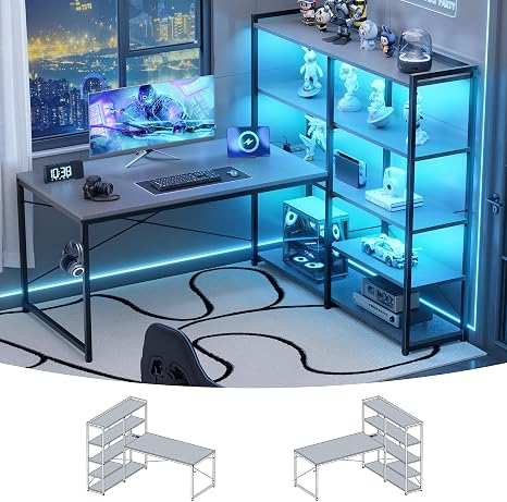 L-Shaped Desk with 5-Tier Shelves, LED Lights & Power Outlet, 49 Inch