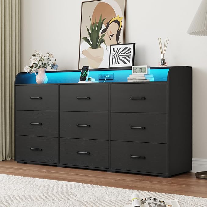 9-Drawer Wood Dresser with LED Lights & Power Outlet