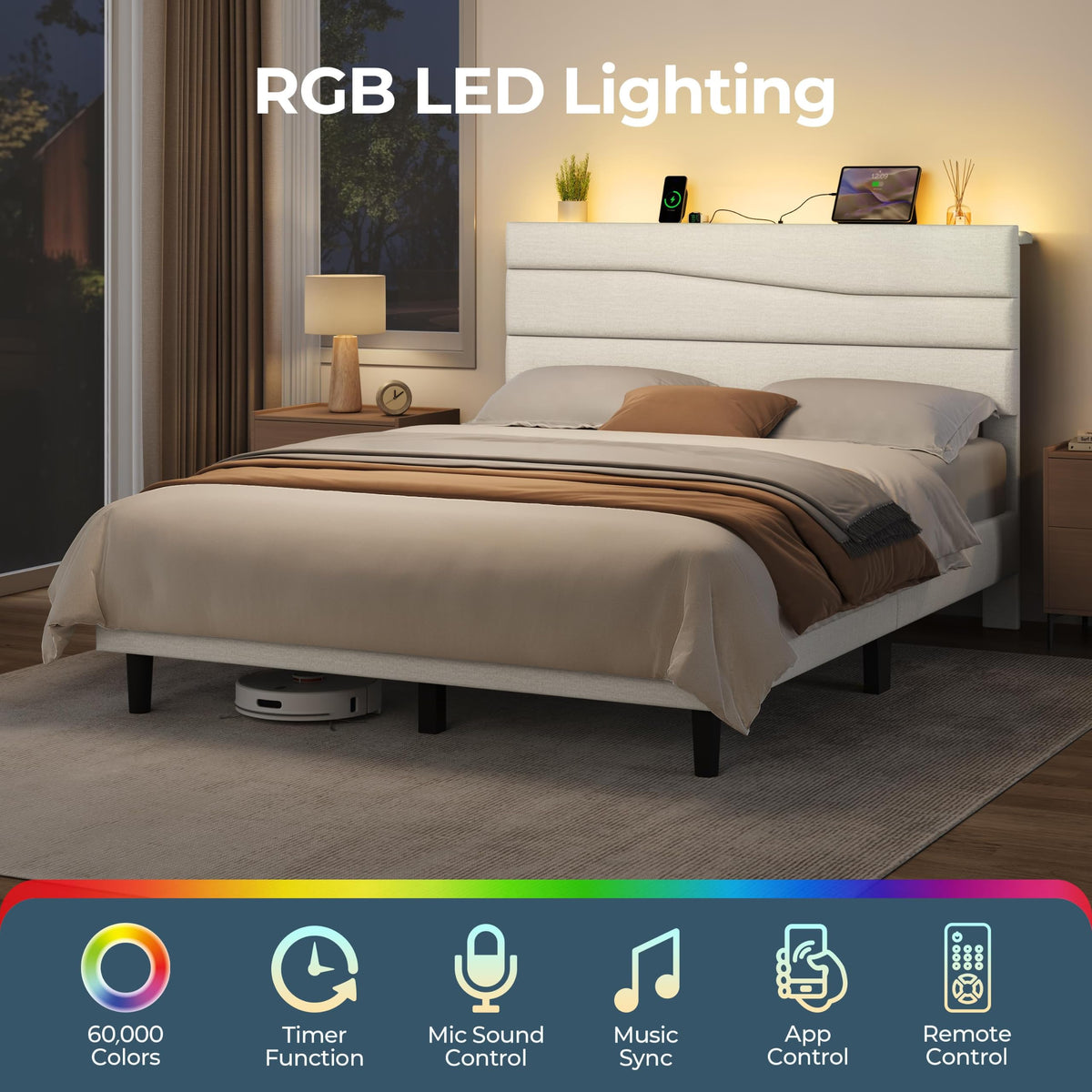Yaheetech Queen Upholstered Bed with LED Charging Station Shelf