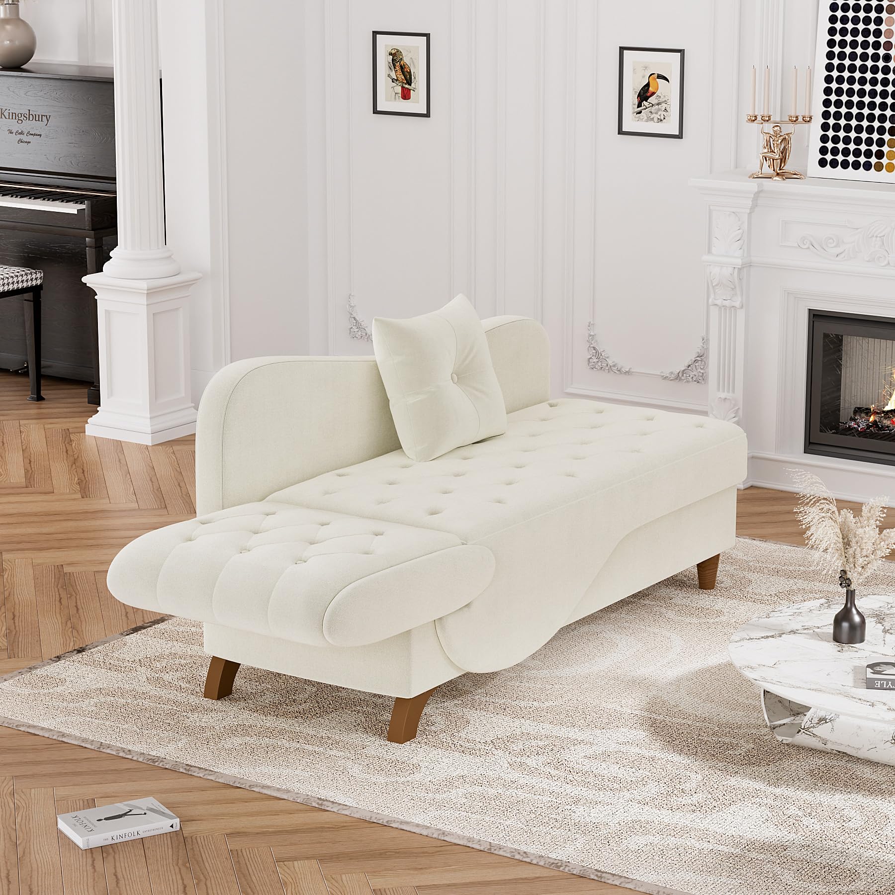DAMAIFROM Chaise Lounge Chair Indoor with Storage, Adjustable Backrest Recling Reading Chair Sleeper Sofa Bed with Pillow, 3 in 1 Velvet Futon Lounge Chair for Living Room Bedroom, Beige White
