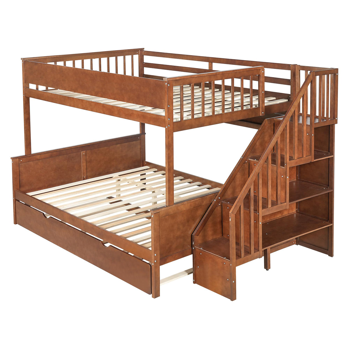 SOFTSEA Full XL Over Queen Bunk Bed with Trundle & Stairs, Solid Wood Bunk Bed Frame with Storage Shelves & LED Lights, Space Saving Bunk Beds with Storage Stairs for Kids Teens Adults, Walnut
