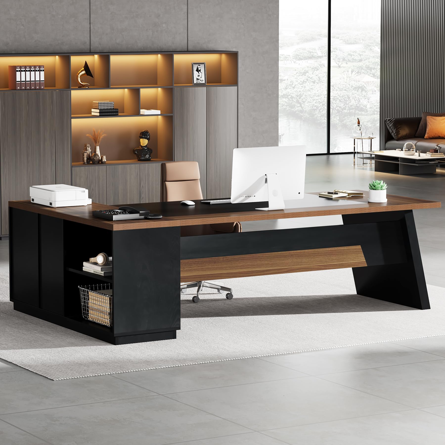 Tribesigns L-Shaped Executive Desk, 78-Inch Modern Office Desk with Drawers and Lateral File Cabinet, Large Bussiness Furniture with Storage Shelves, Workstation for Home Office (Brwon + Black)