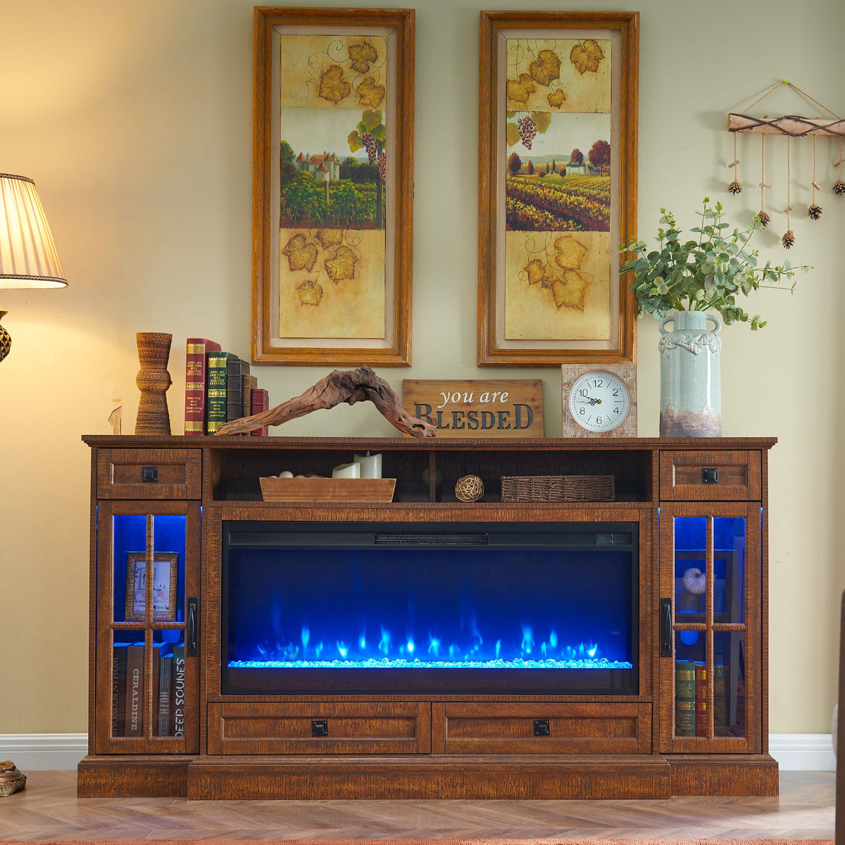 RedLemon Farmhouse Fireplace TV Stand for 80 Inch TV, Reclaimed Barnwood