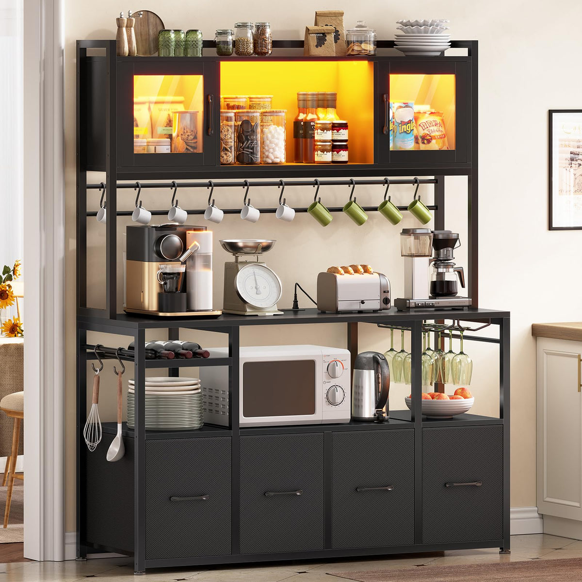 Itaar Bakers Rack with Power Outlet and LED Light, 47.2'' Microwave Stand with Storage, Kitchen Coffee Bar Cabinet with Glass Door, 4 Drawer, Wine Rack, Goblet Holder and 12 Hooks, Black