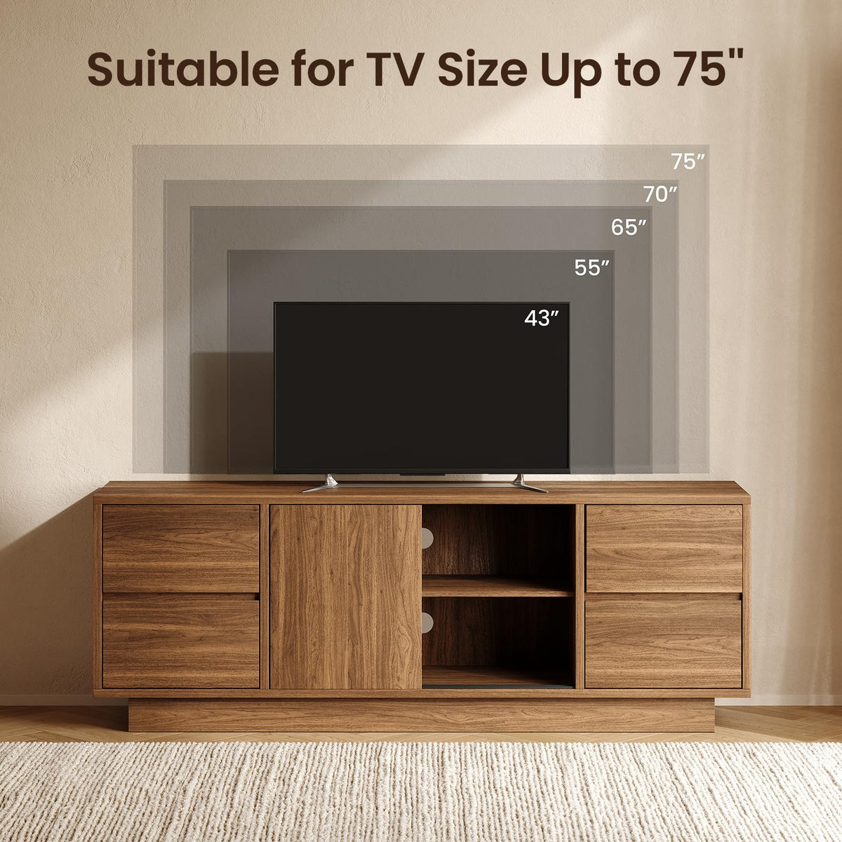 ModernMate 70'' TV Stand for TVs Up to 75'', Wood Entertainment Center with Sliding Doors and Drawers, Television Console Storage Cabinet with Adjustable Shelf for Living Room, Bedroom, Walnut