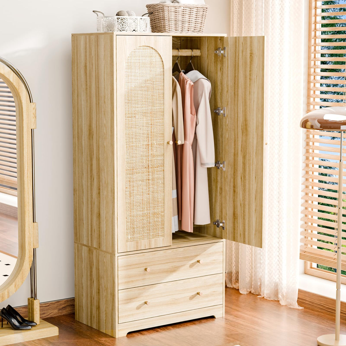 VINGLI Wardrobe Closet with Doors, Rattan Armoire Wardrobe Closet with Drawers & Hanging Rod, Wooden Armoire for Hanging Clothes, Natural Oak, 68.9" H
