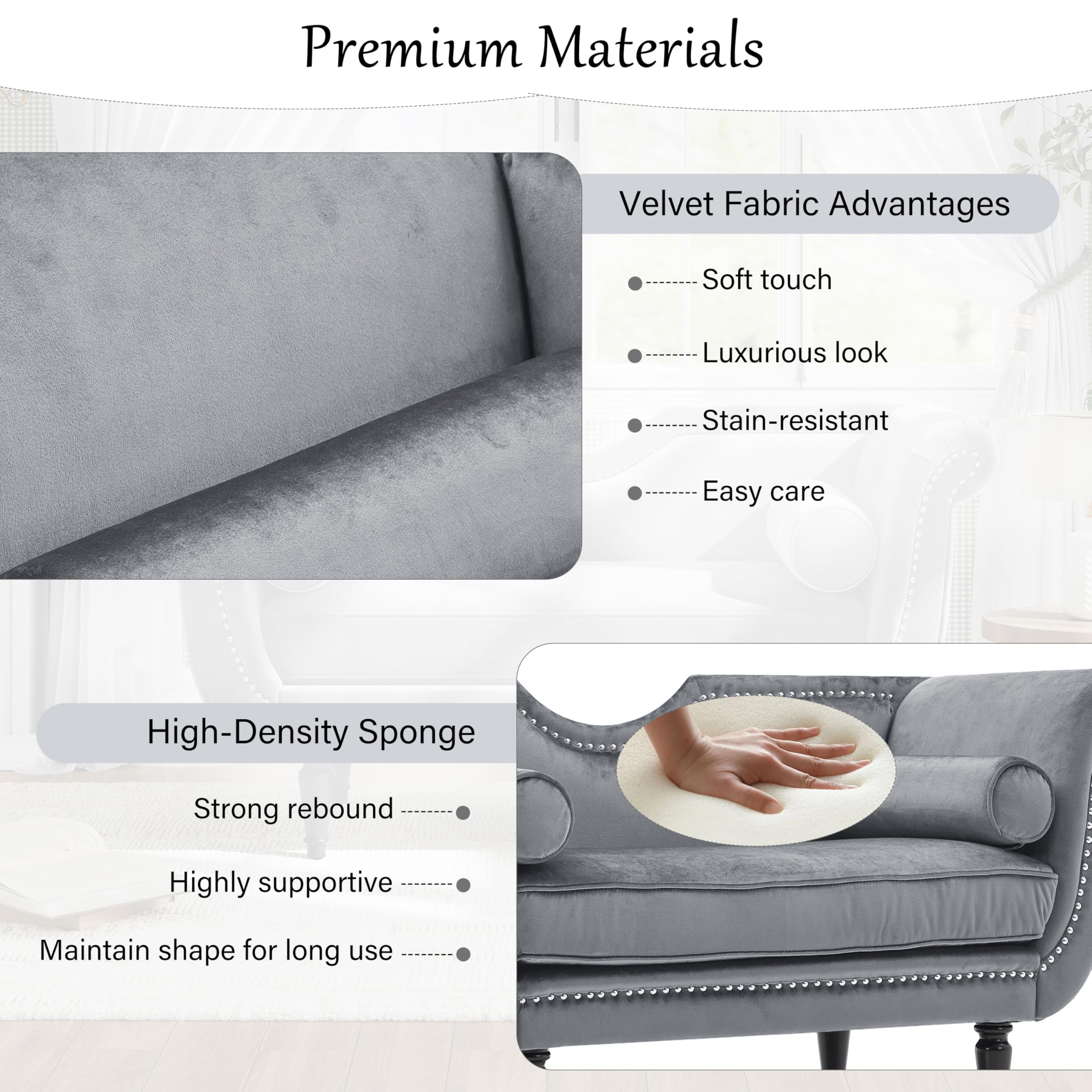 Velvet Ottoman Bench with Bolster Pillows & Nailhead Trim