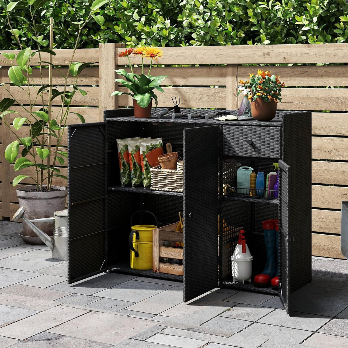 LDAILY Outdoor Rattan Storage Cabinet with Adjustable Shelves, 48-Inch