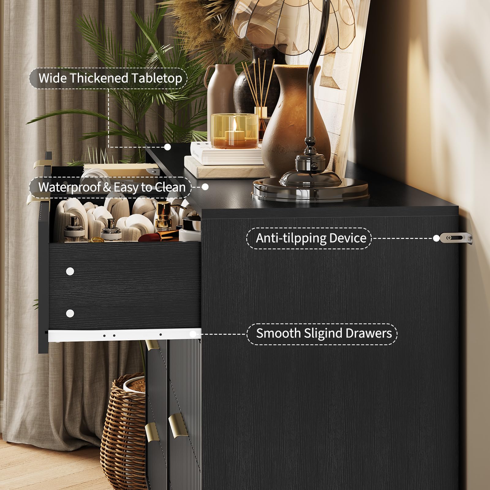 GAOMON Modern Fluted 8-Drawer Dresser - 55" Wide Wood Chest with Metal Handles - Multi-Use Bedroom Clothes Storage Cabinet & TV Stand - Contemporary Furniture, Black