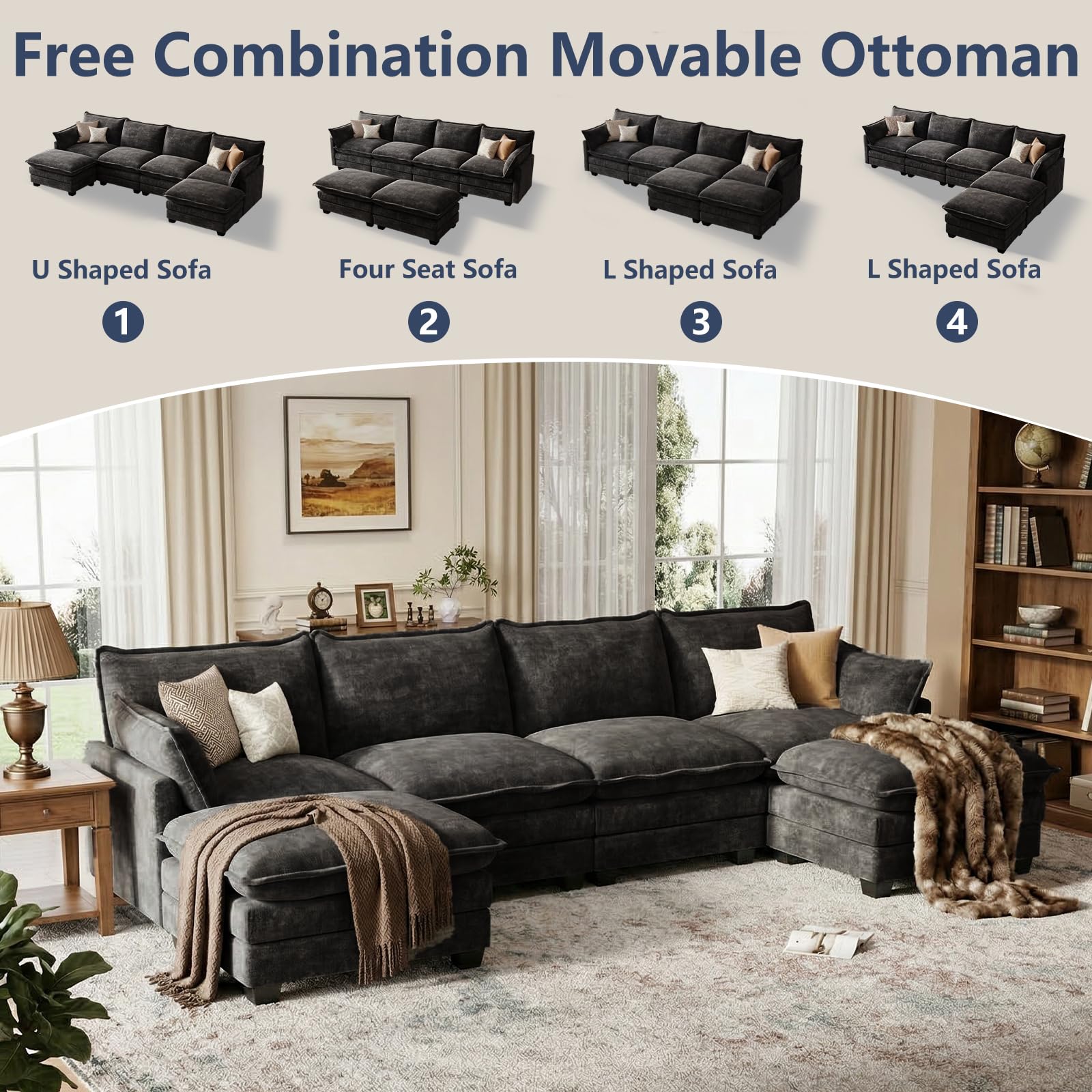 OhaiAura U Shaped Modular Sectional Sofa, Cloud Couch with Movable Ottoman, Comfy Chenille Sofa with Pillows for Living Room, Bedroom, Apartment, Black
