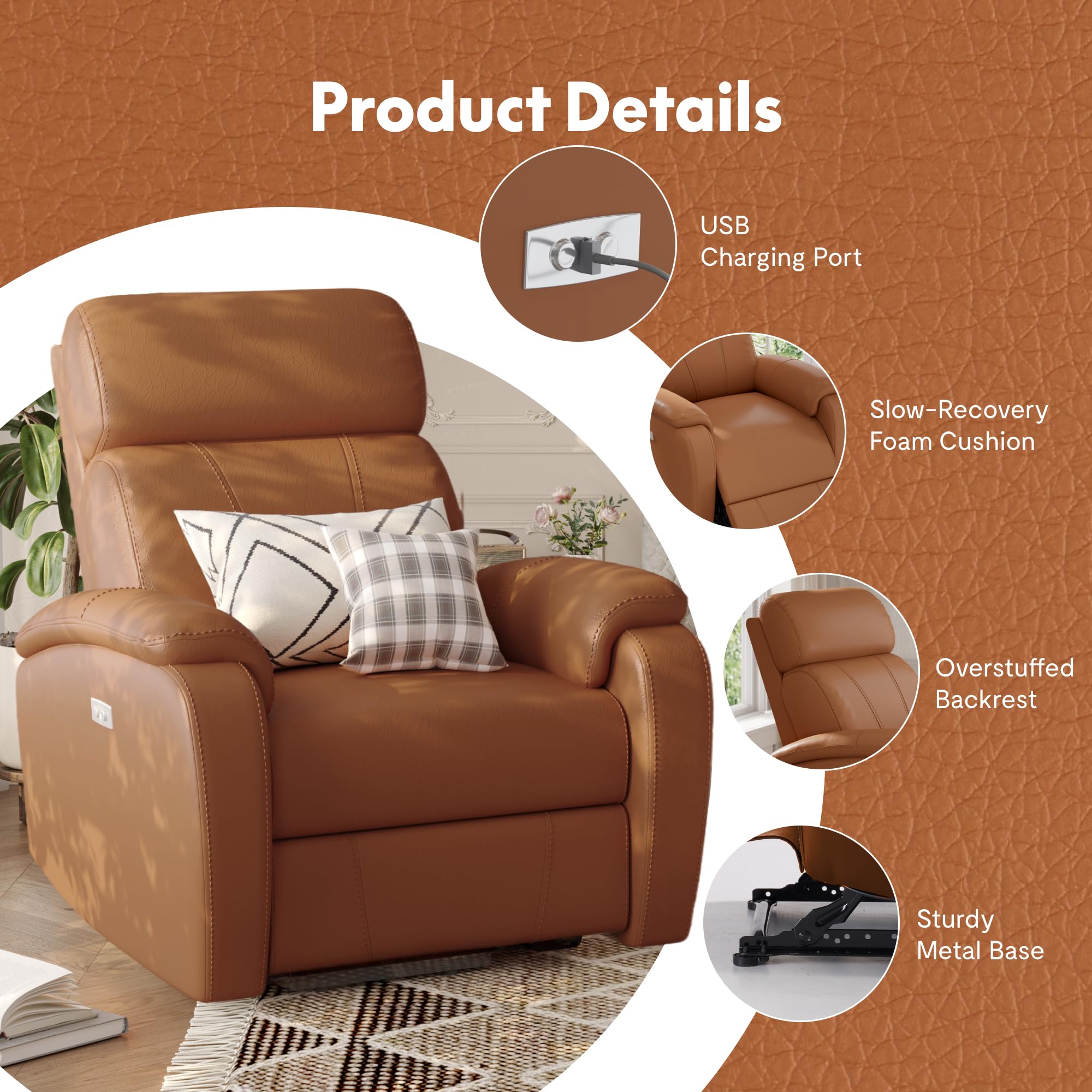 FLEXISPOT X3 Power Recliner Chair, Adjustable Electric Recliner with USB Port, Thick Cushion & Padded Back, Comfortable Faux Leather Chair for Adults, Living Room, Nursery, Home Theater (Saddle Brown)