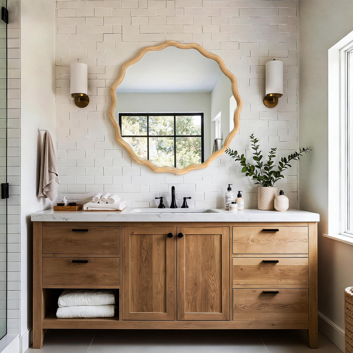 Round Wavy Wood Wall Mirror