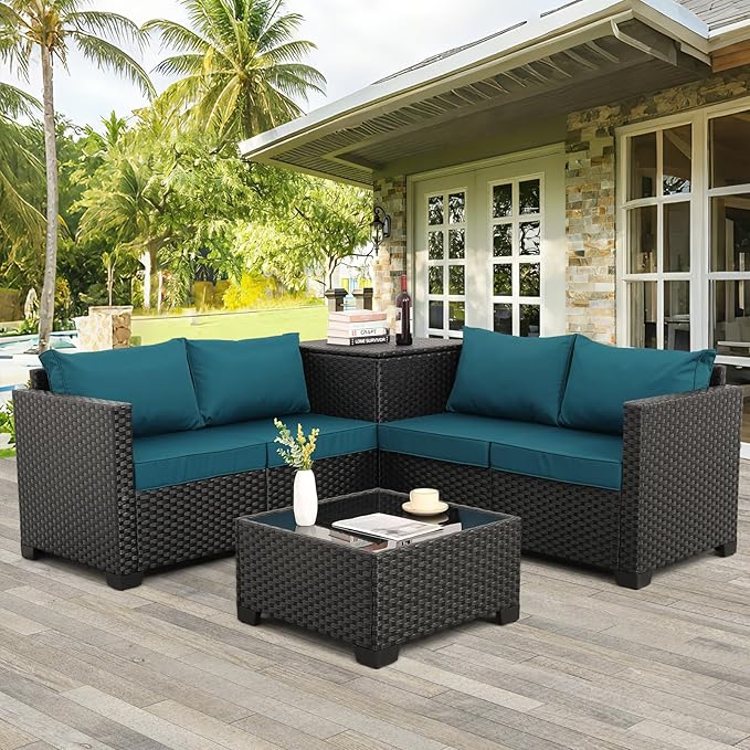 4-Piece Outdoor Wicker Sectional Sofa Set with Storage Box & Glass Top Table