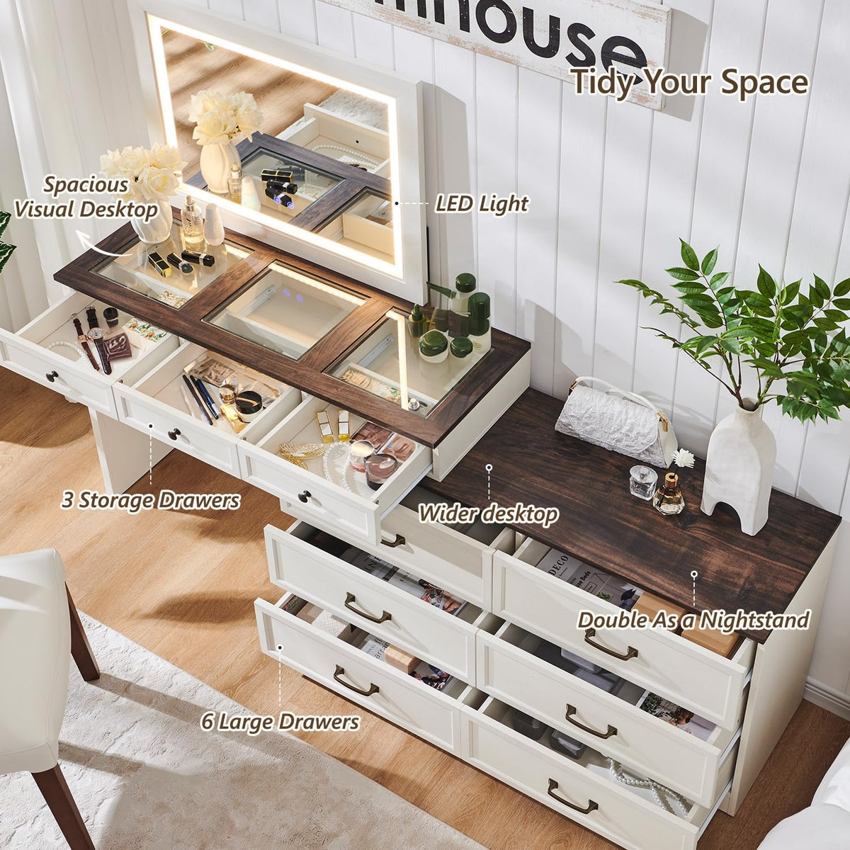 Aitjunz 69" W Farmhouse Vanity Desk with Glass Top,9 Drawers, Antique White