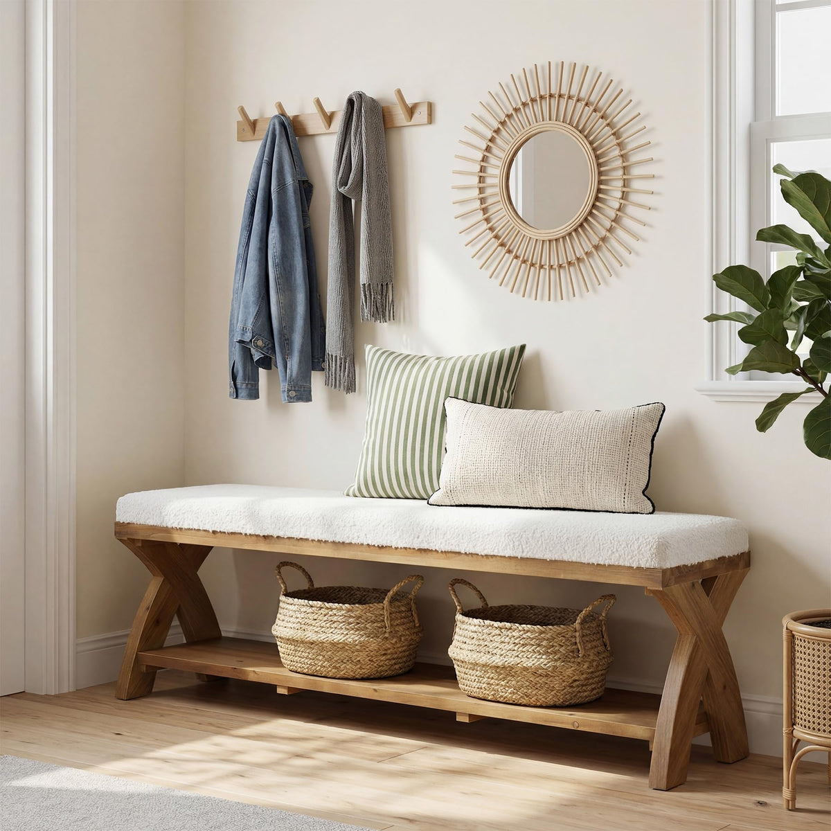 Upholstered Wood Shoe Storage Bench
