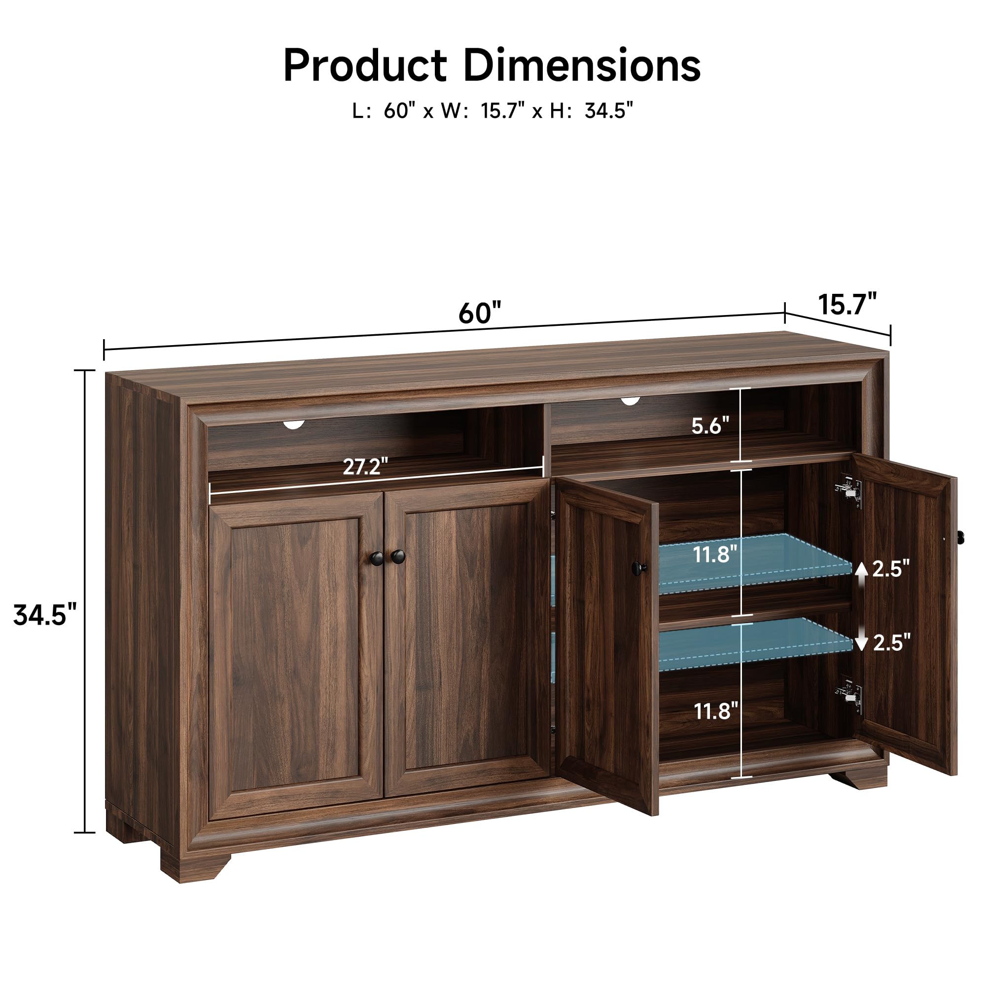 ONBRILL 60 Inches Sideboard Buffet Cabinet with Storage, 4 Doors Large Sideboard, Kitchen Cabinet with Open Shelf & Adjustable Shelf, Kitchen Coffee Bar Console Table for Living Room, Hallway, Brown