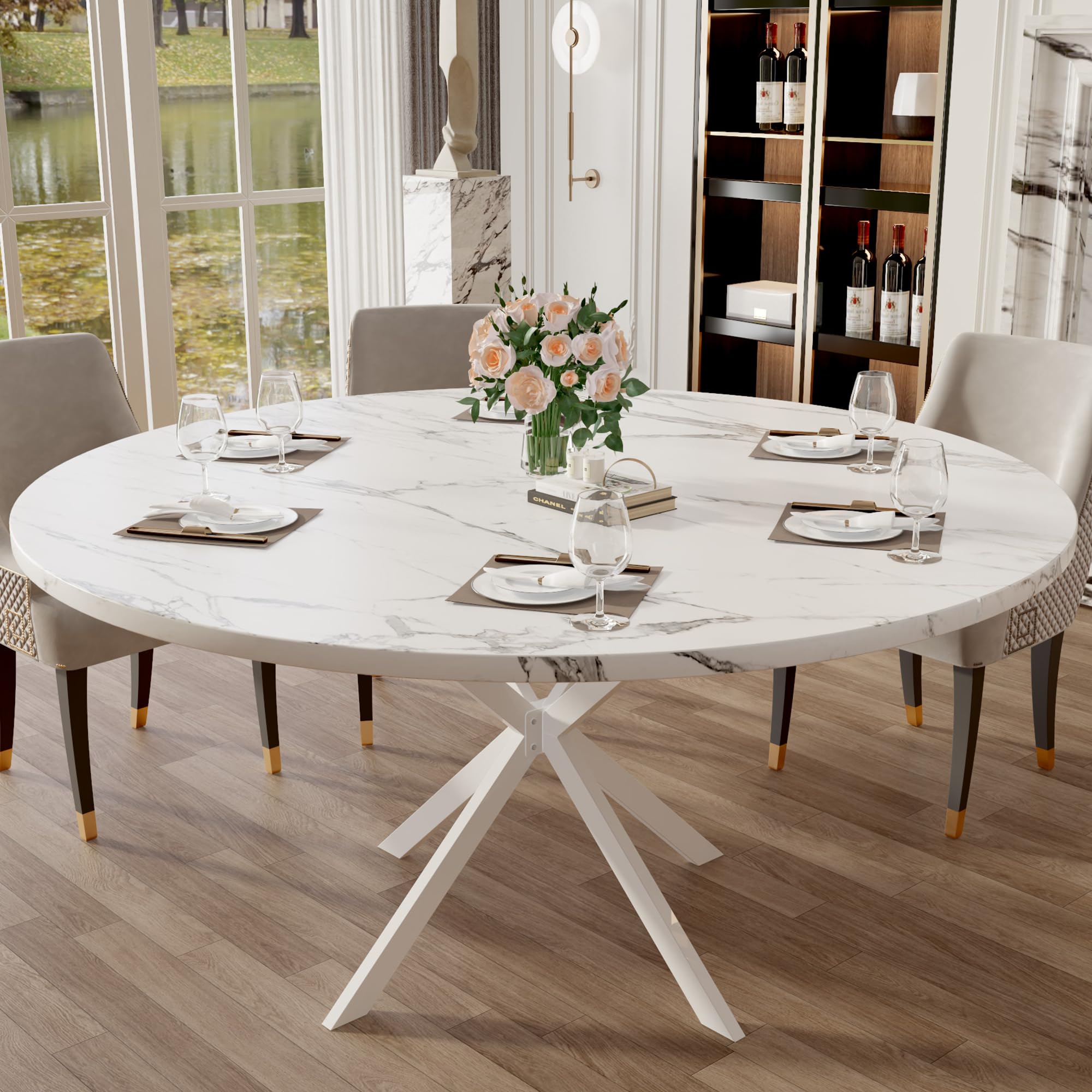 RLRO 47.24" Round Dining Table for 4-6 Person, Round Kitchen Table with Wood Top, Circle Dinner Pedestal Tables with Metal Legs for Dining Room Kitchen (White Marble)