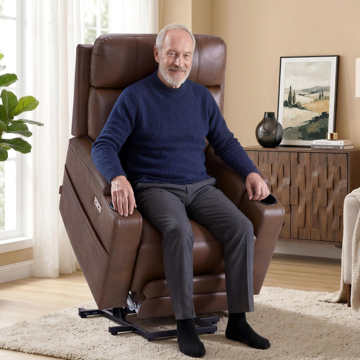 MCombo Lift Chair for Tall Man 6‘6’’, Dual Motor Power Lift Recliner Chair for Elderly, Lay Flat for Sleeping, Heat and Massage, USB & Type C, Faux Leather 7755 (Dark Brown)