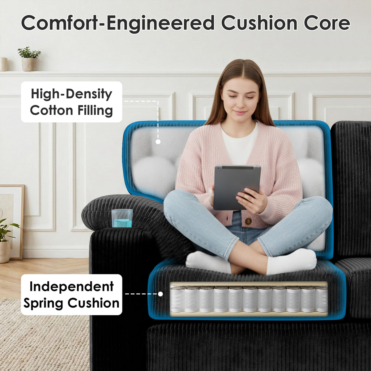Corduroy Sectional Sofa with Storage Ottoman