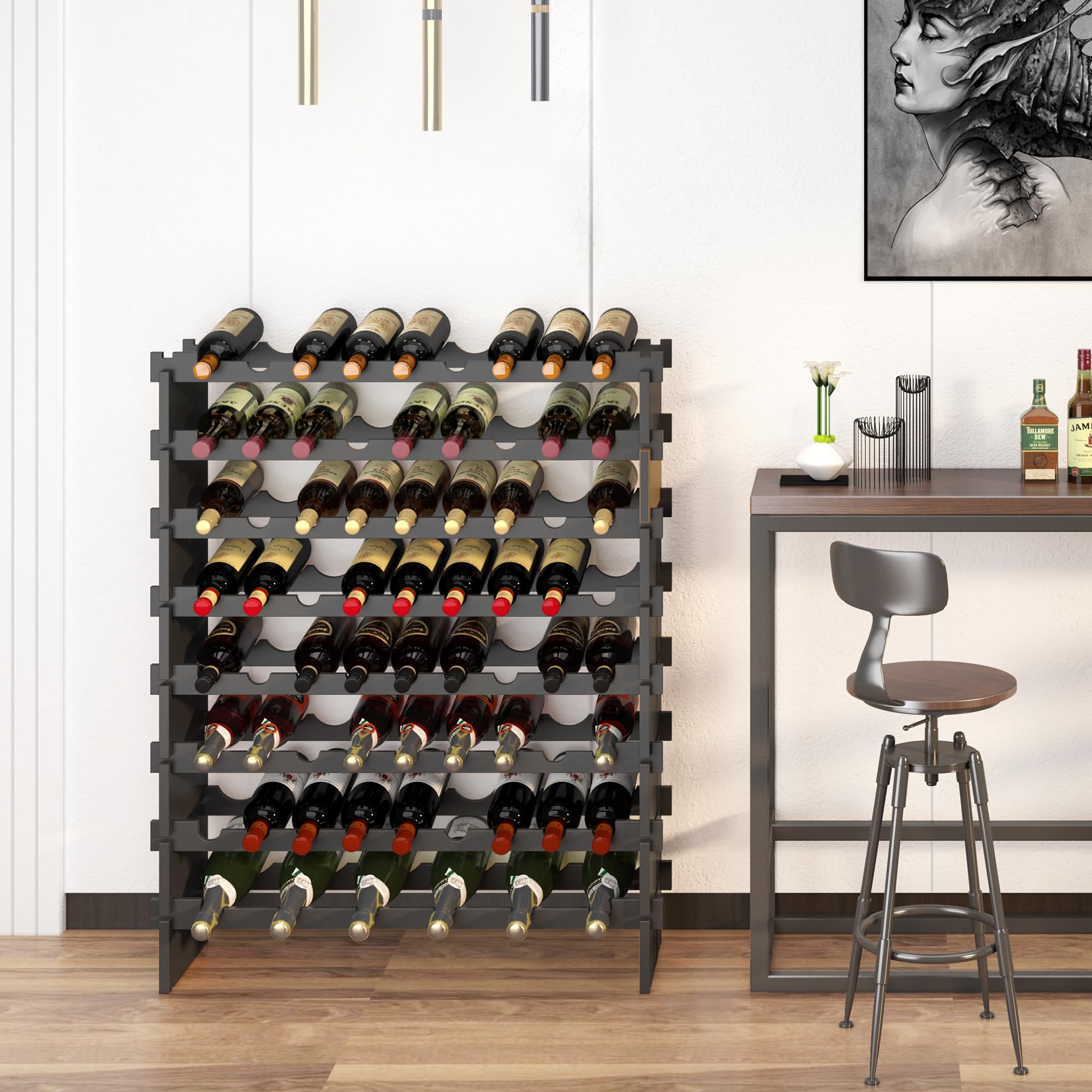 WISUCART Wine Rack Freestanding Floor Bamboo Stackable Wine Storage Racks Wall Mounted, Modular Wine Bottle Stand Holder Display Shelf for Cabinet, Kitchen, Bar (Black)