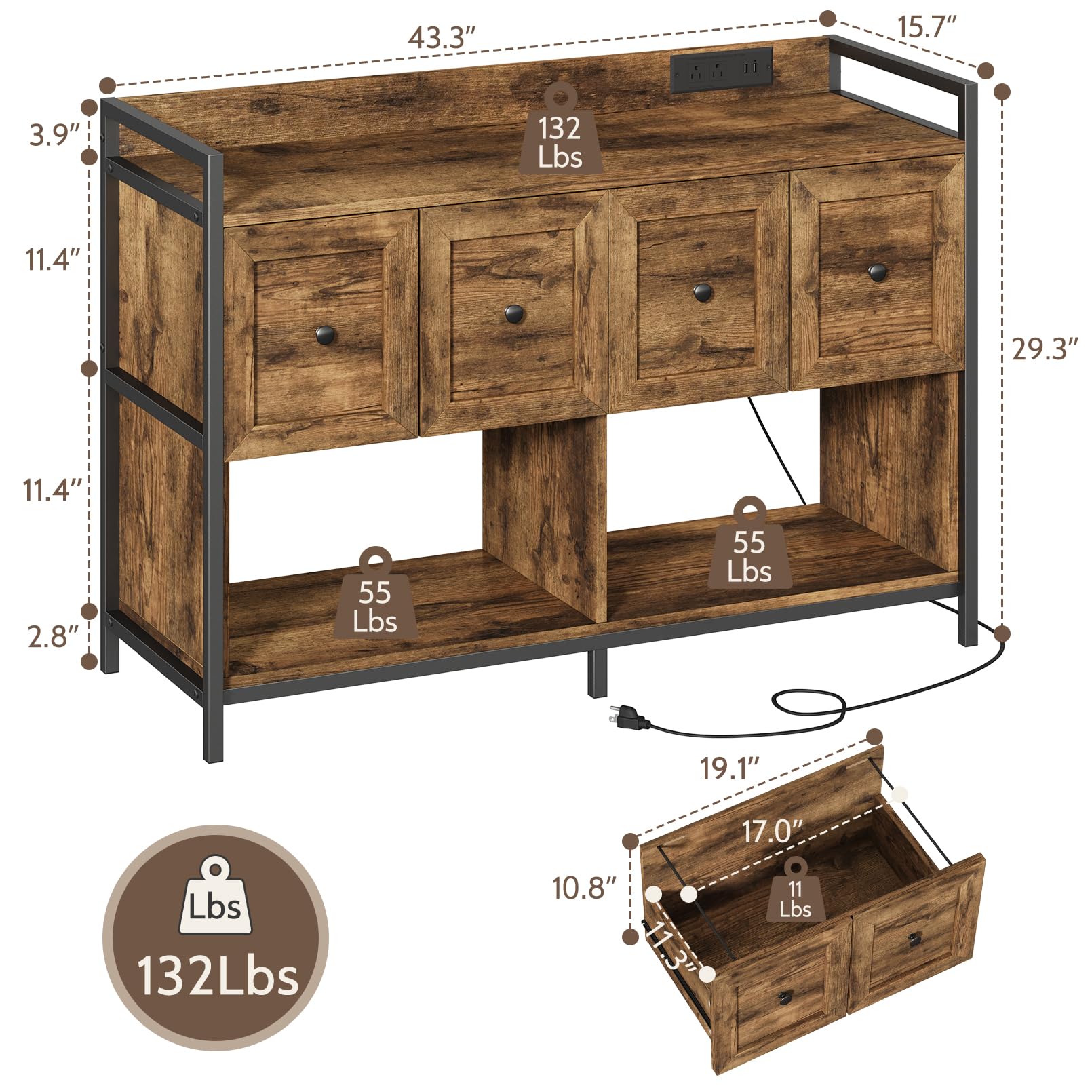 Lateral Filing Cabinet with Power Outlet & Storage Shelves