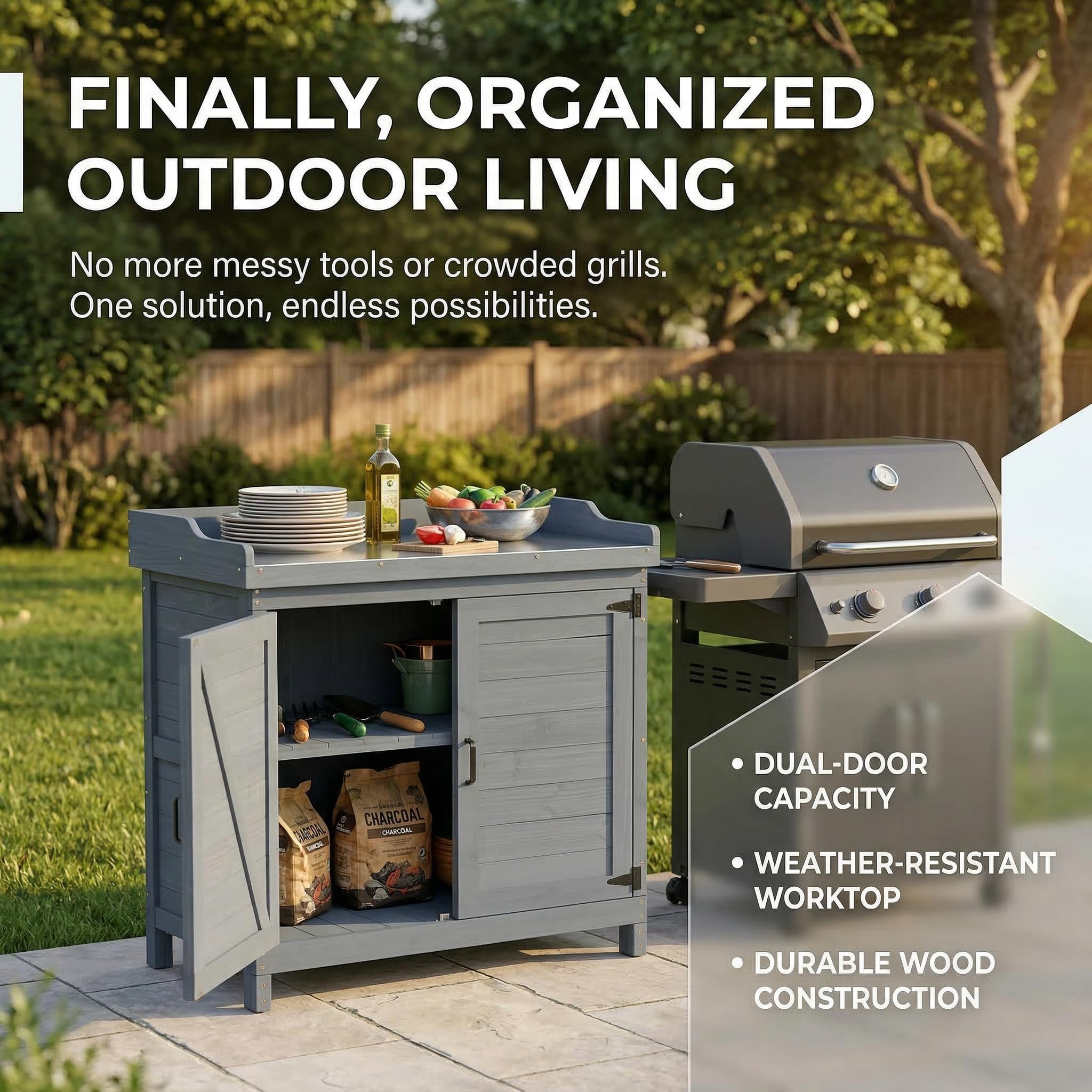 Outdoor Wooden Garden Storage Cabinet with Potting Bench