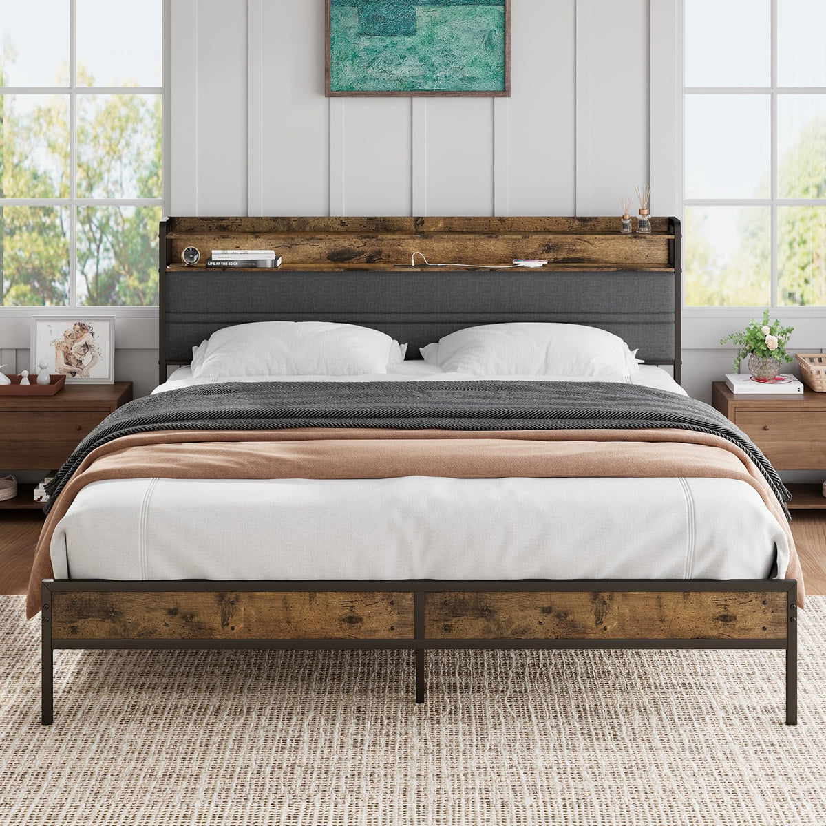 GRUSIGN Queen Size Bed Frame with LED Light Storage Headboard and Charging Station,Platform Bed with Grey Upholstered Headboard，No Box Spring Needed, Noise Free, Easy Assembly