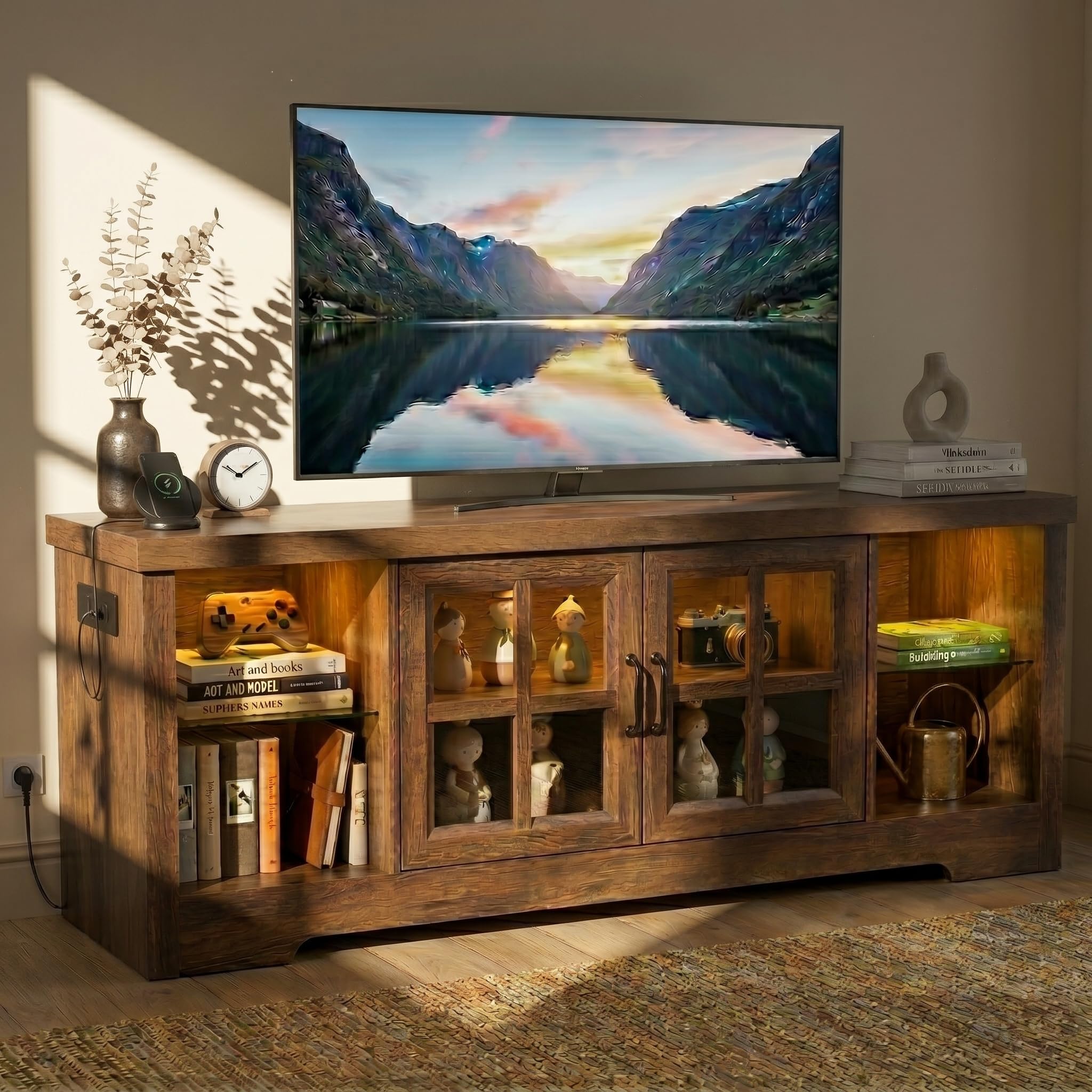 55" Farmhouse TV Stand for TVs up to 60", LED Entertainment Center with Power Outlet & Glass Cabinet, Wood Media Console Table with Adjustable Shelves for Living Room, Bedroom (Cracked Oak, 55 Inch)