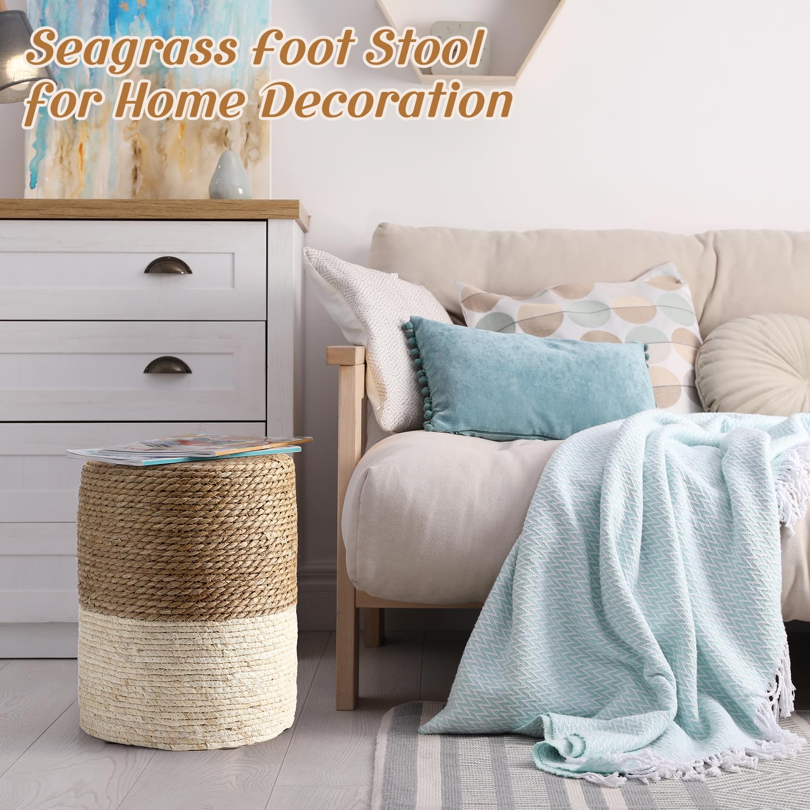 Round Seagrass Pouf Ottoman Set of 2 – Boho Footrest Stool