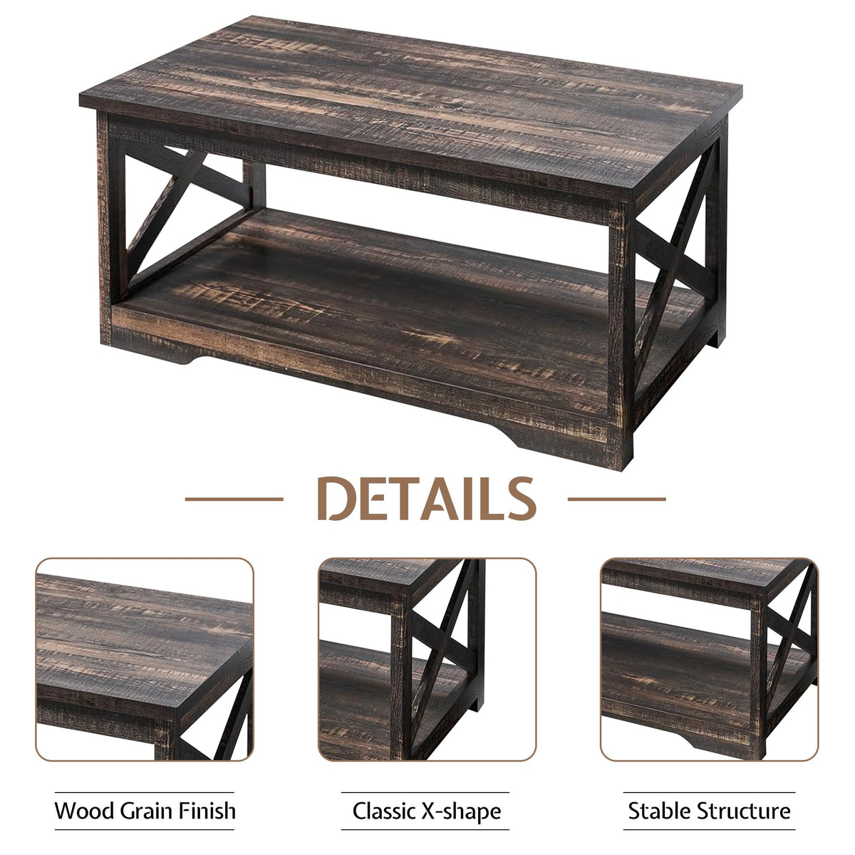 LUXOAK 3 Piece Living Room Table Set with Barn Door, Black Oak