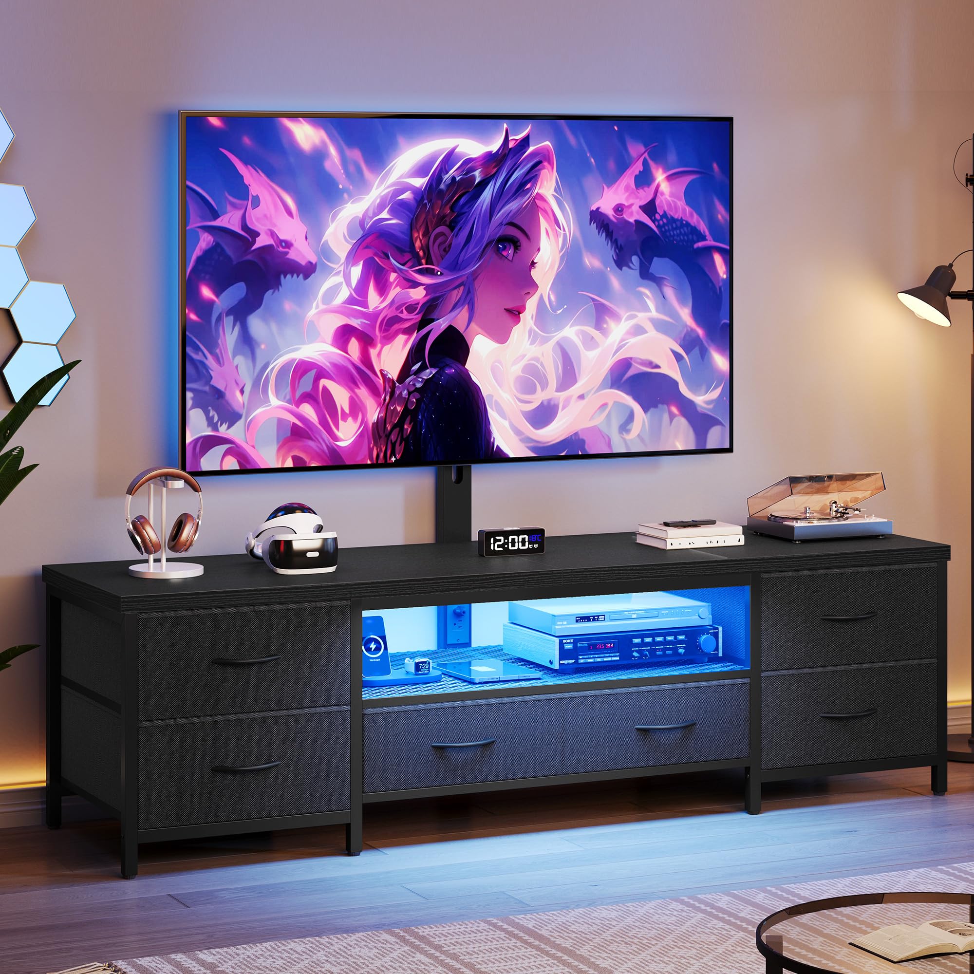 Homiflex TV Stand for 80 Inch TV with Mount, LED Entertainment Center w/Fabric Drawers & Power Outlets, Industrial Media Console for Living Room, Bedroom, Open Storage Shelves - 71'' Black