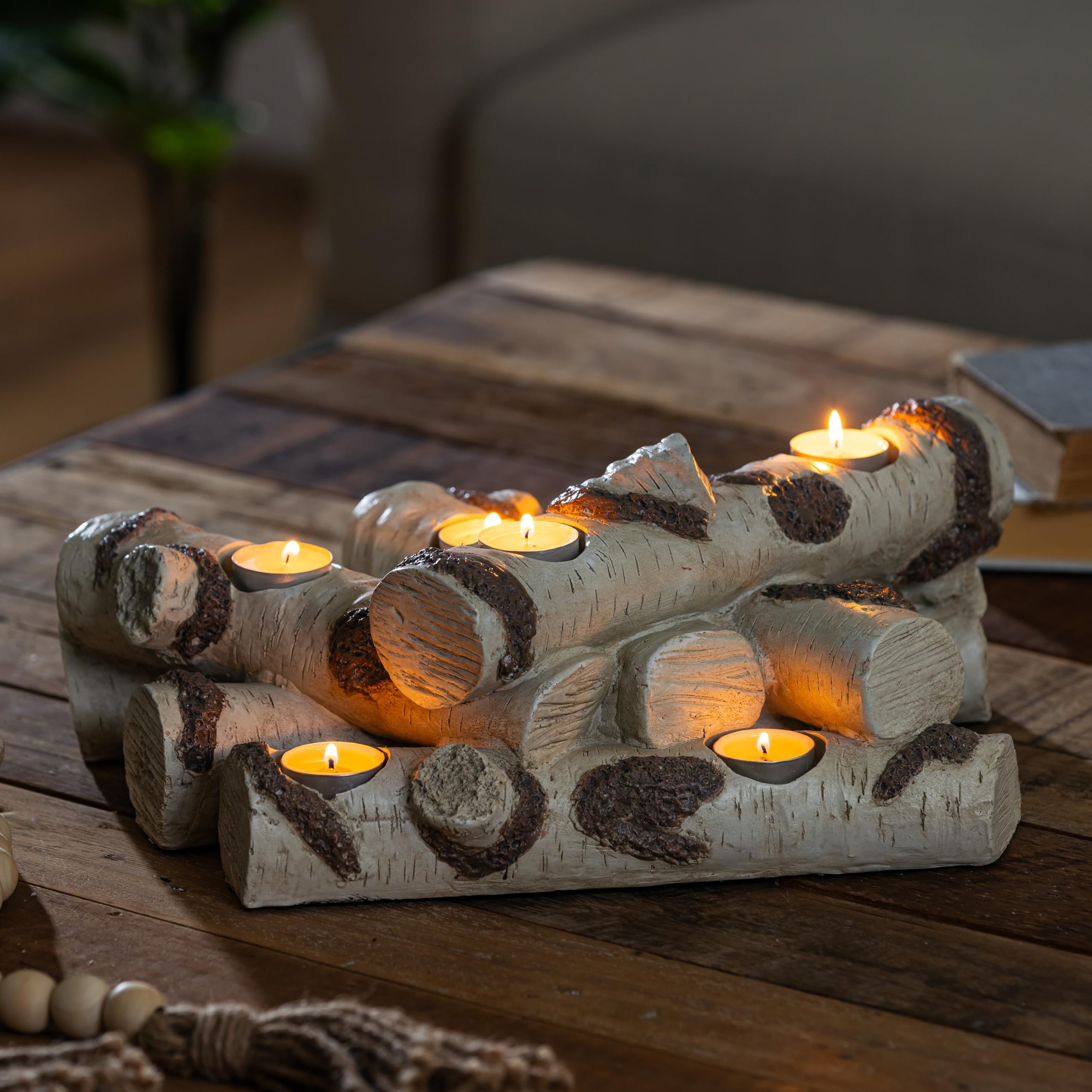 Faux Wood Log Candle Holder for Fireplace Decor