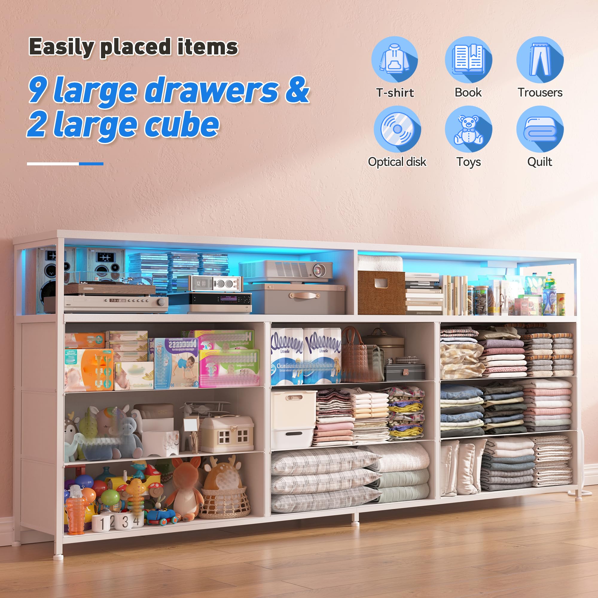 EnHomee 55" W White Dresser for Bedroom with Charging Station & LED Light, 65 Inch TV Stand with 9 Fabric Drawers, Sturdy Dressers & Chest of Drawers with 2 Wood Open Shelves,55.12" Wx11.81 Dx35.43 H