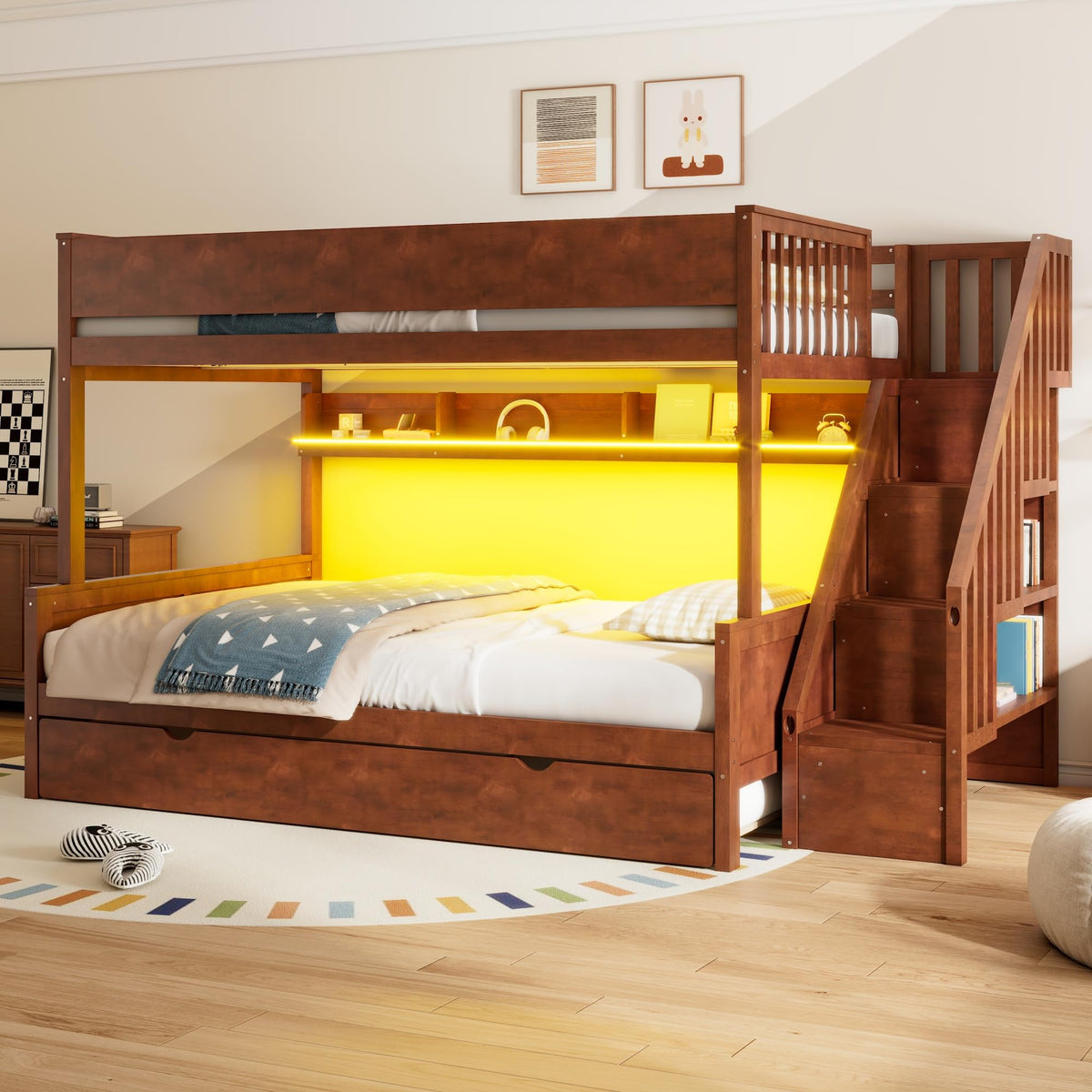 SOFTSEA Full XL Over Queen Bunk Bed with Trundle & Stairs, Solid Wood Bunk Bed Frame with Storage Shelves & LED Lights, Space Saving Bunk Beds with Storage Stairs for Kids Teens Adults, Walnut