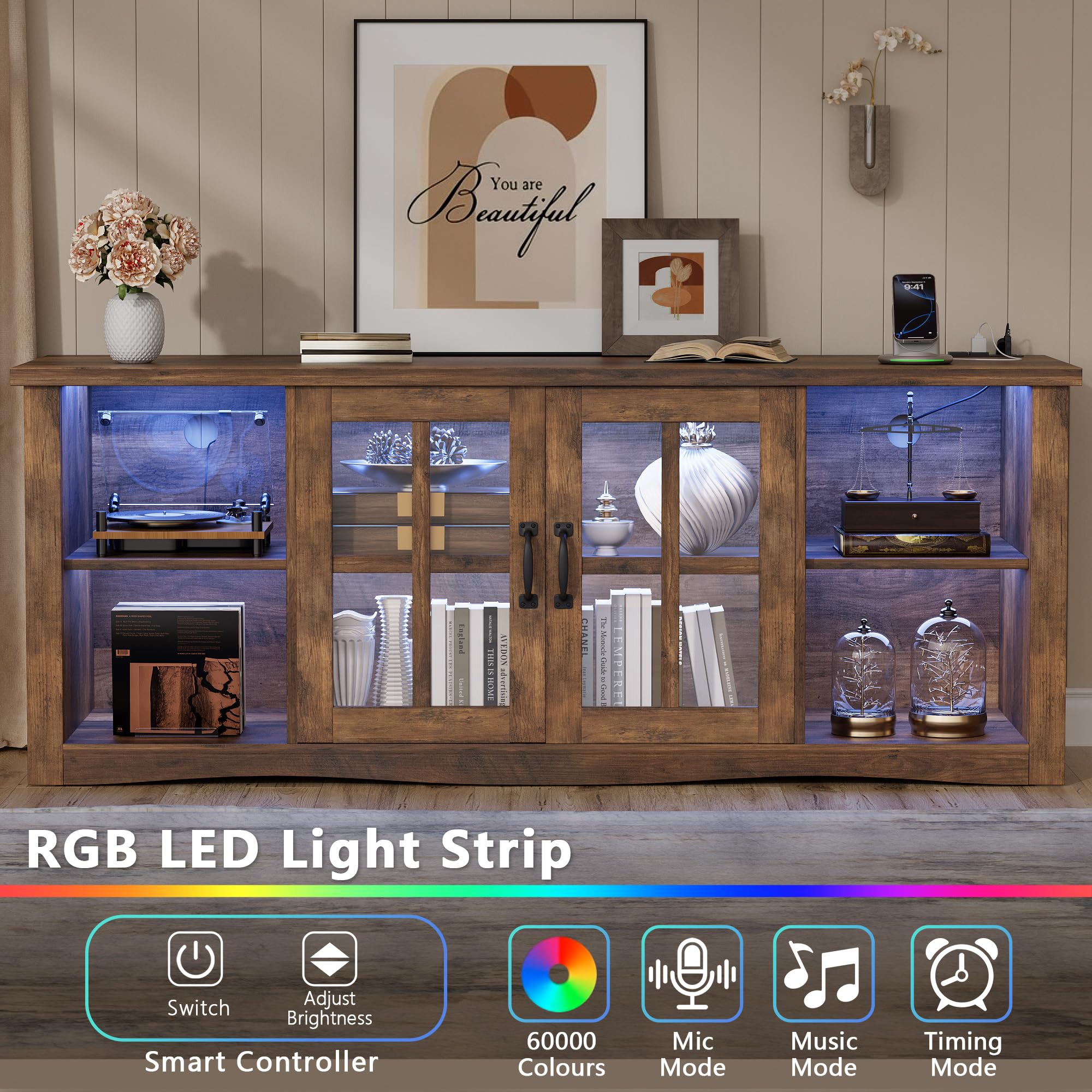 58" TV Stand with LED Lights, Glass Doors & USB Charging
