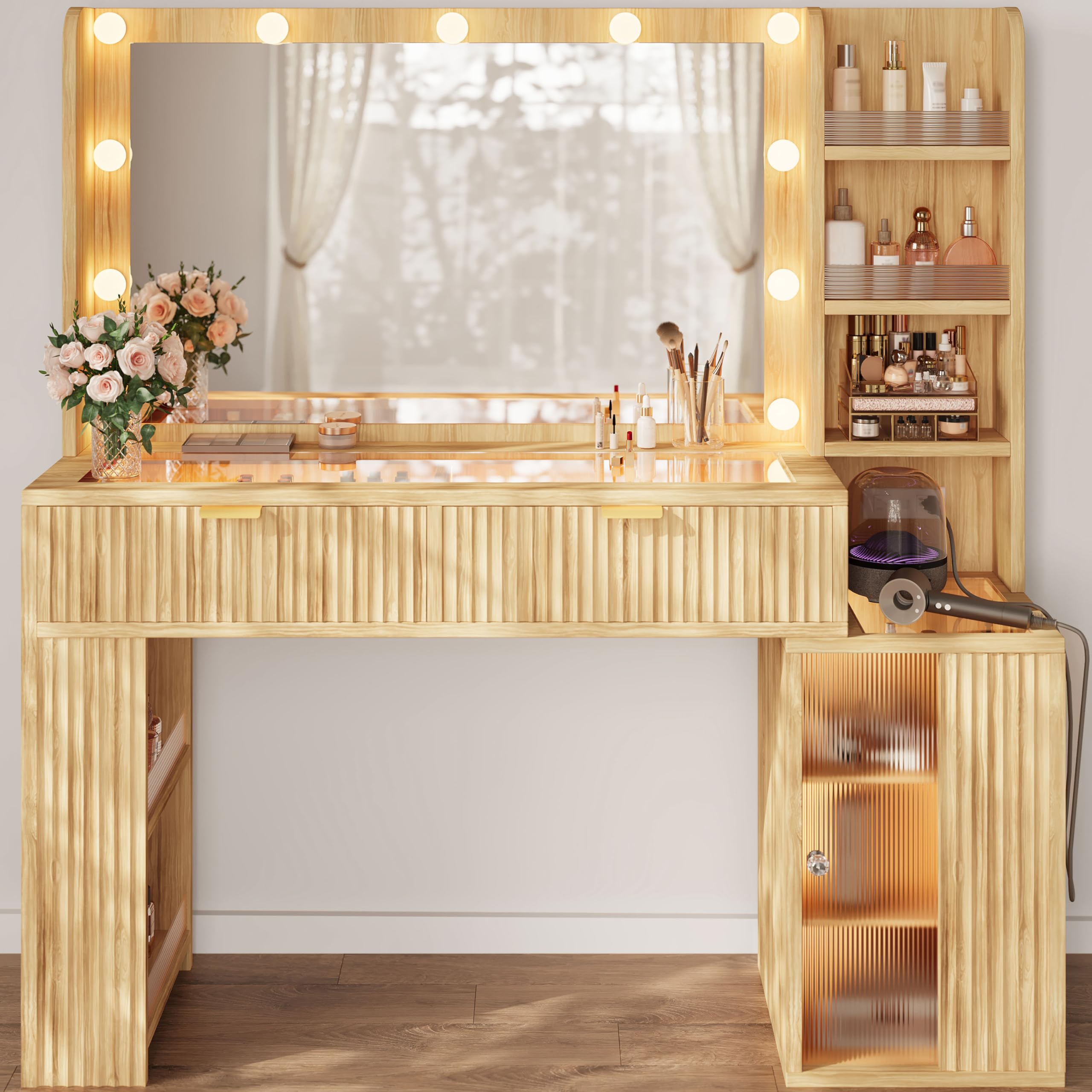 47'' Fluted Makeup Vanity Desk with Large 36" Mirror & Hollywood Bulbs, Smart RGB Lights, Glass Top Vanity with 5 Shelves, 2 RGB Drawers, Acrylic Cabinets, Wood Vanity with Charging Station,Oak