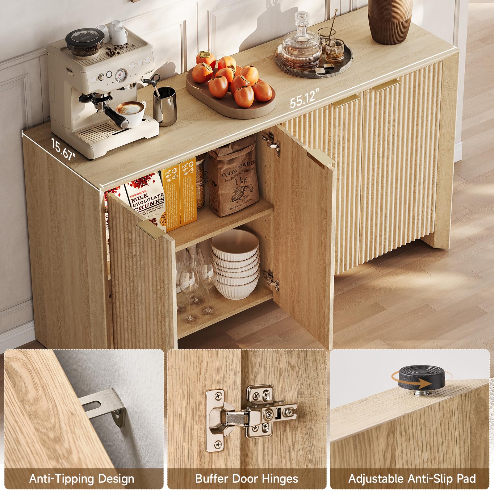 Fluted Sideboard Buffet Cabinet – Natural Oak