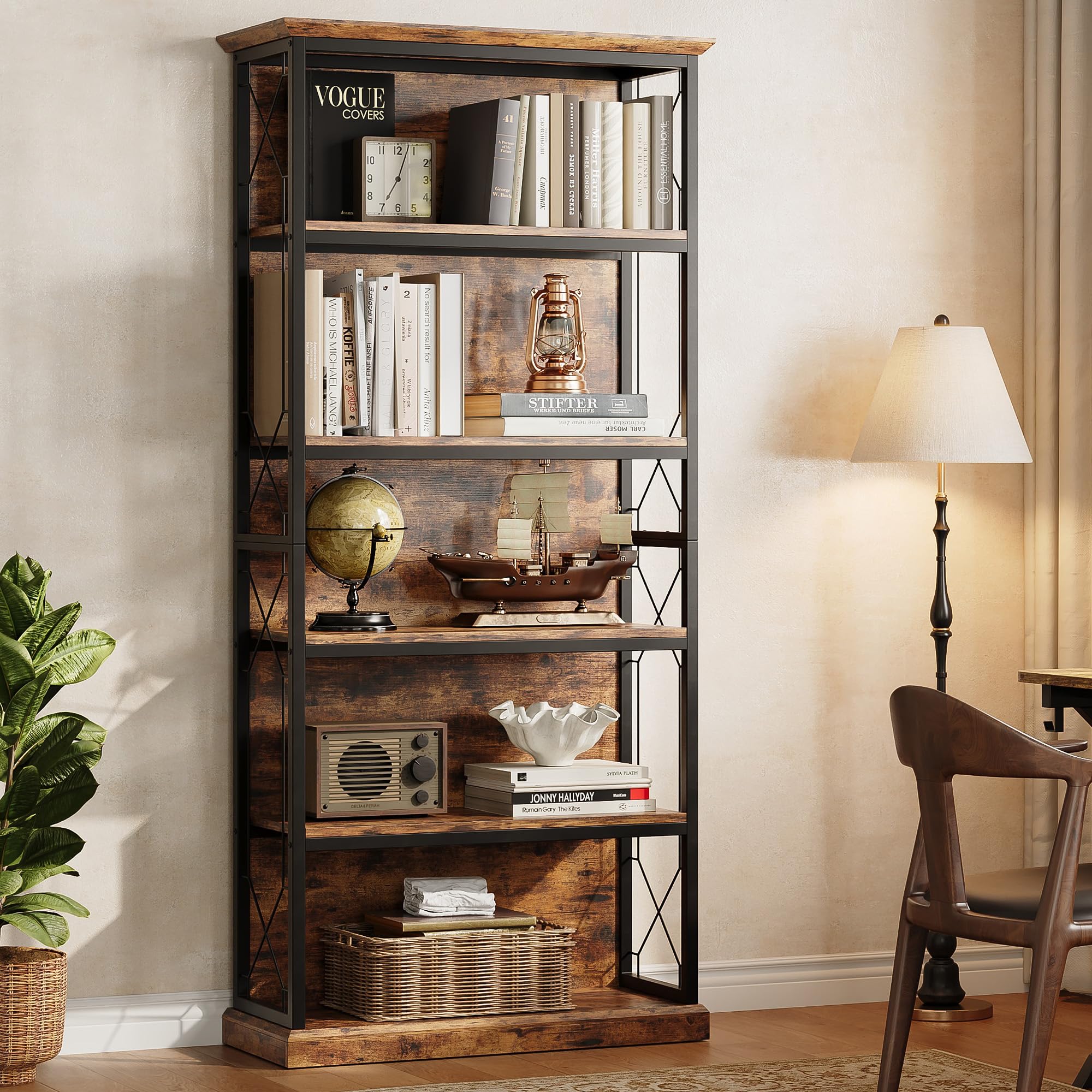 IRONCK 71 Inch Industrial Bookshelf, 5 Tier Tall Bookshelf and Bookcase to Display and Collect, Thicken Wood Rustic Book Shelf with Thicken Metal Frame for Living Room and Bedroom, Rustic Brown