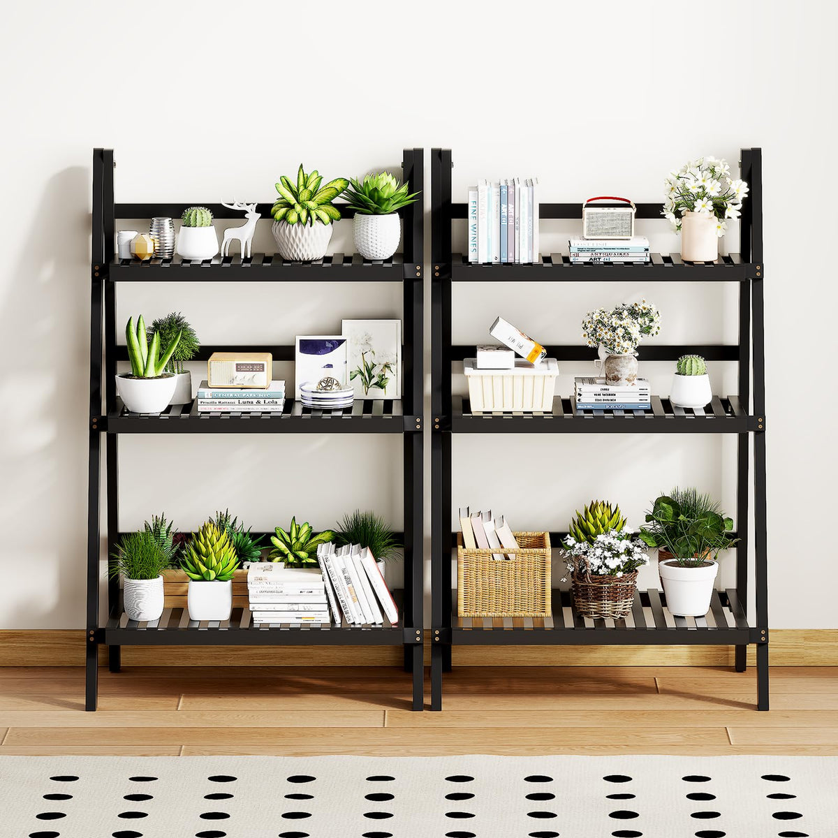 39.4" Foldable Ladder Shelf Plant Shelf, 3 Tier Bamboo Ladder Bookshelf