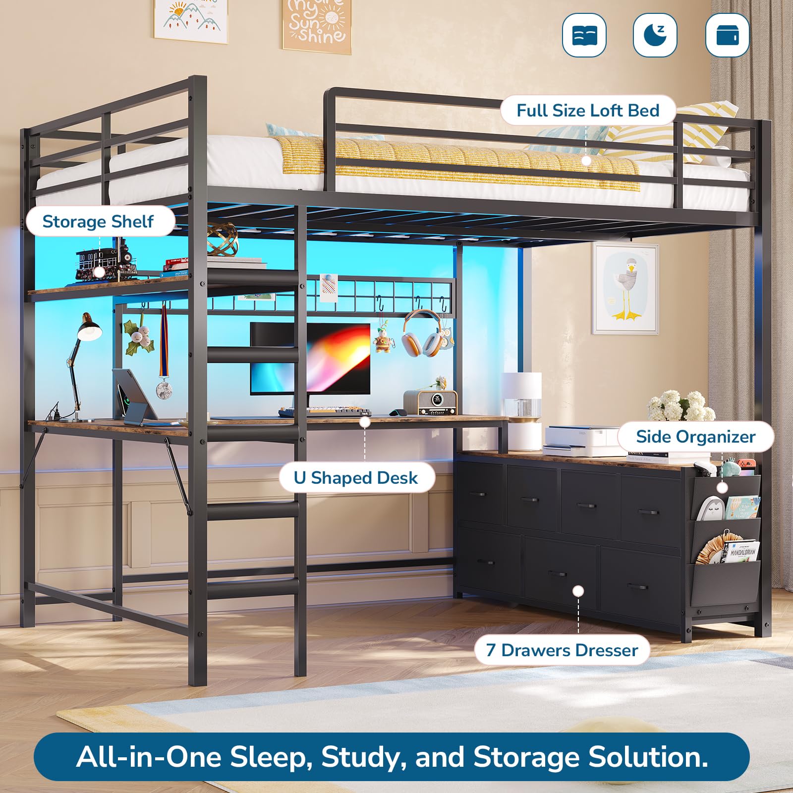 Full Size Loft Bed with Desk, Storage Drawers & RGB LED Lights