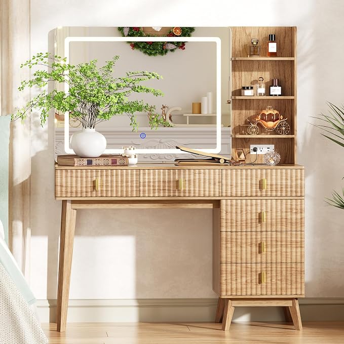 Walnut Makeup Vanity with LED Mirror