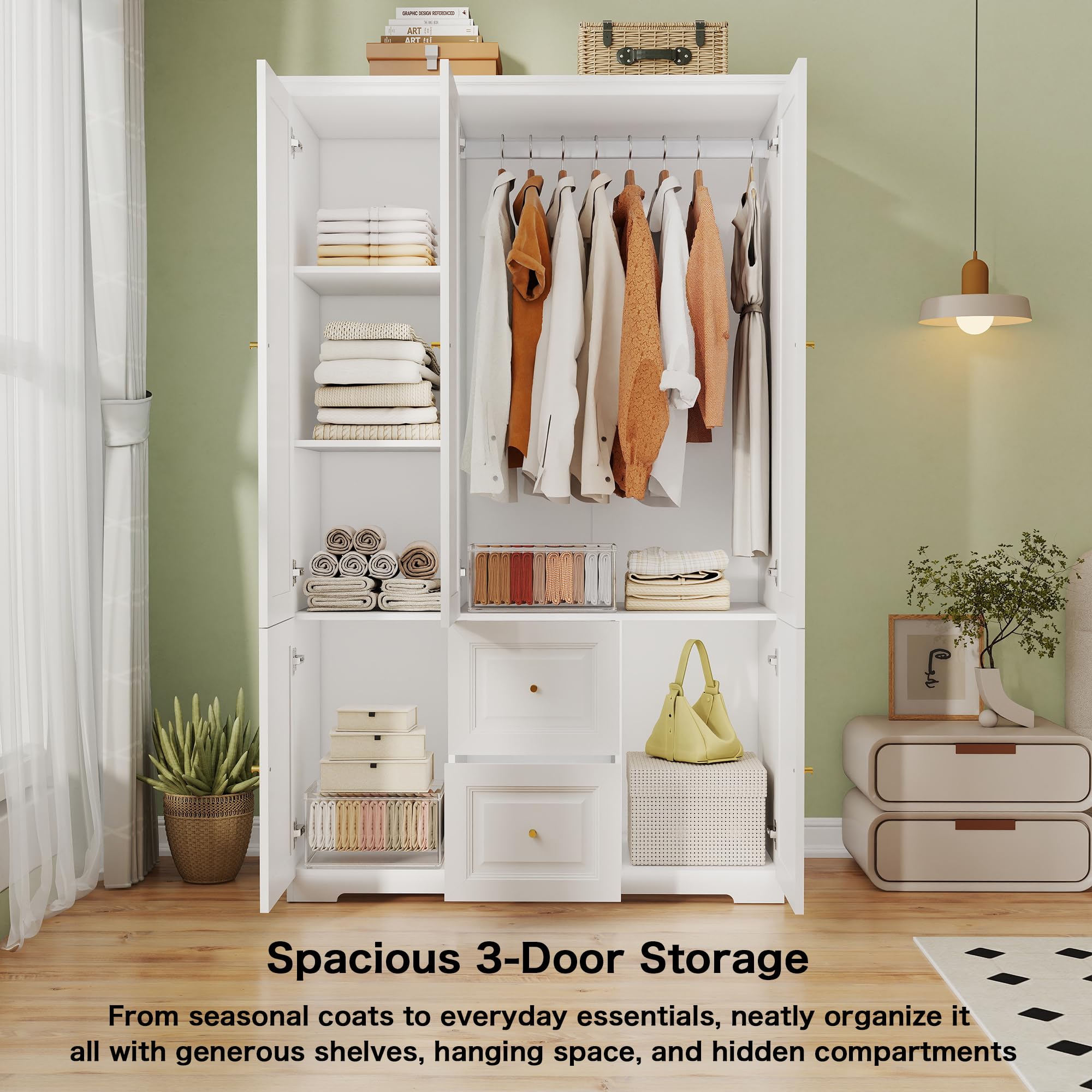 Wardrobe Armoire with Drawers, Hanging Rod & Shelves